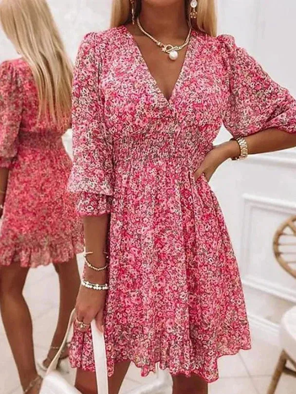 Floral Print V-Neck Mini Dress for Women