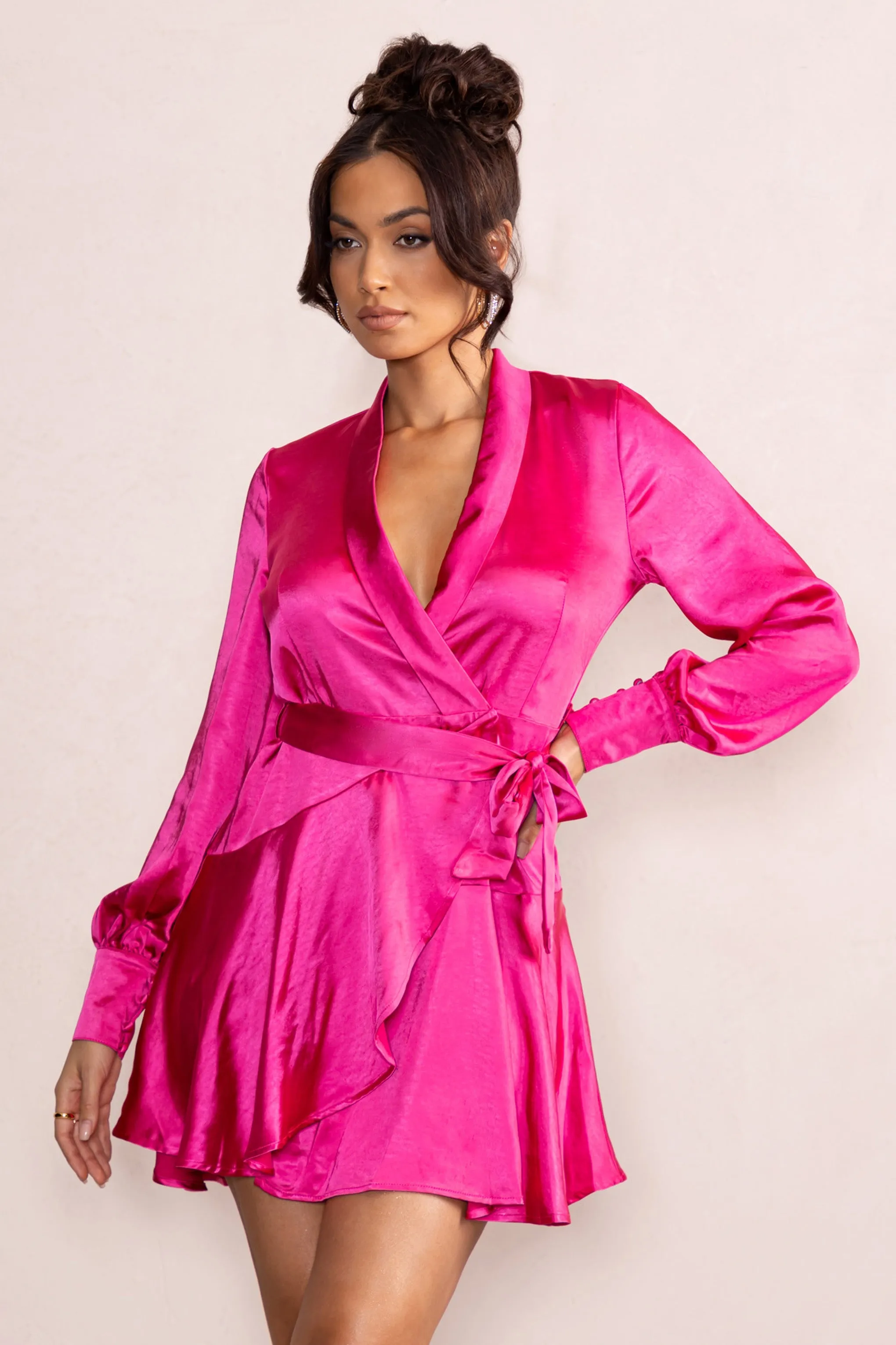 Gemstone | Hot Pink Satin Belted Wrap Mini Dress