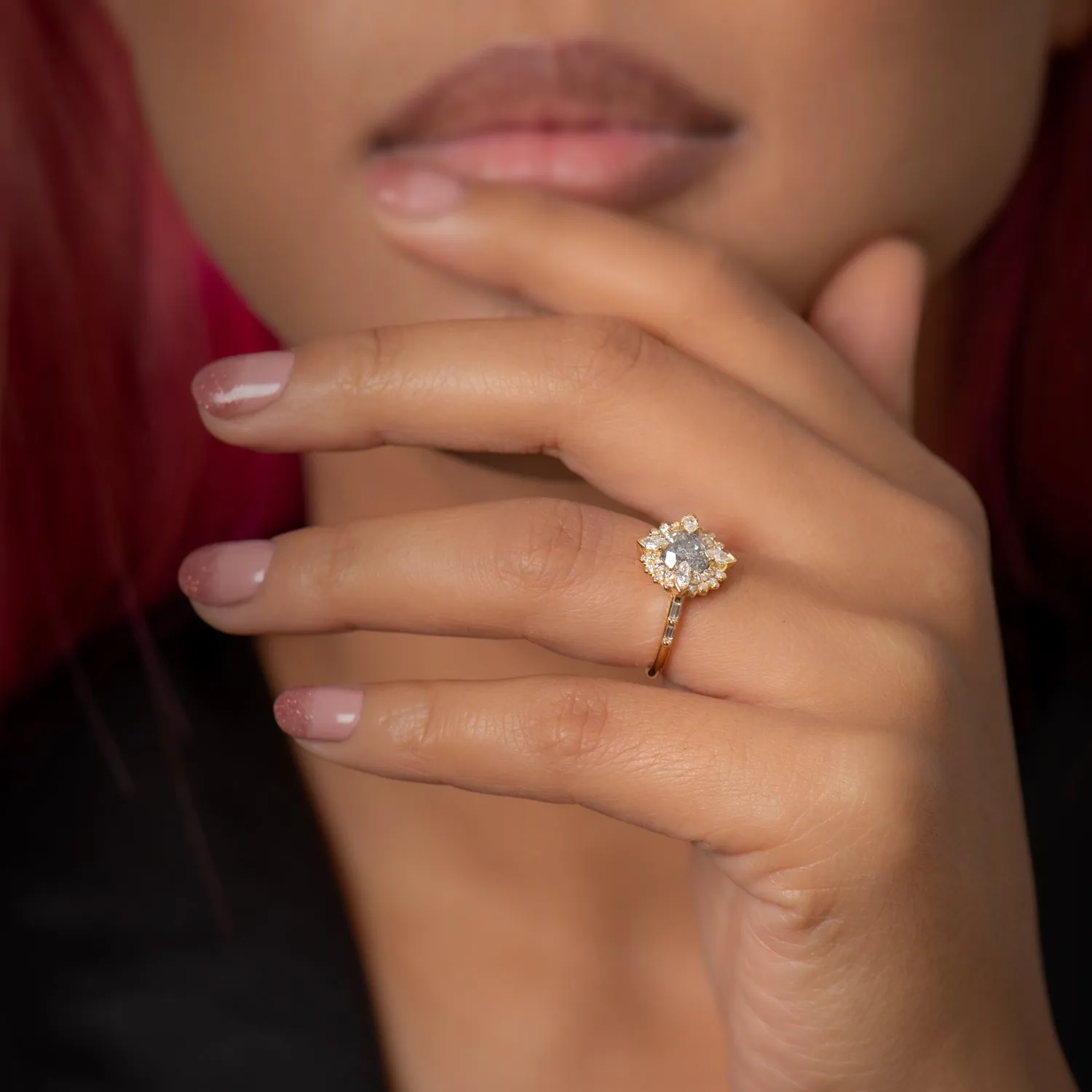 Golden Lotus Engagement ring with Grey and White Diamonds