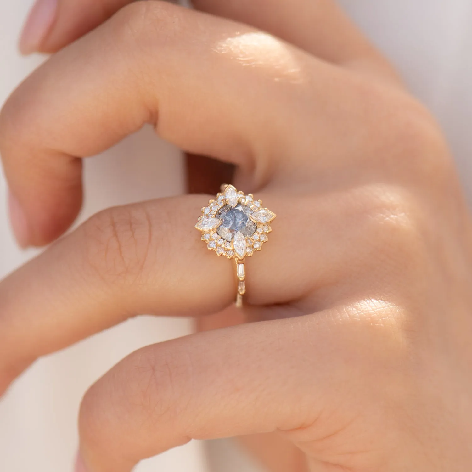 Golden Lotus Engagement ring with Grey and White Diamonds