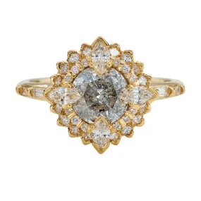 Golden Lotus Engagement ring with Grey and White Diamonds