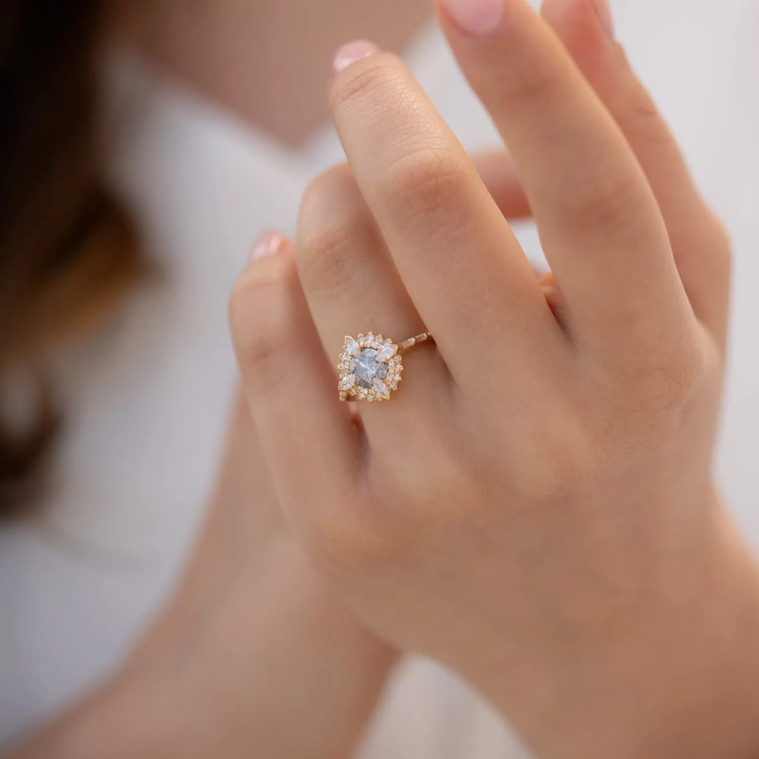 Golden Lotus Engagement ring with Grey and White Diamonds