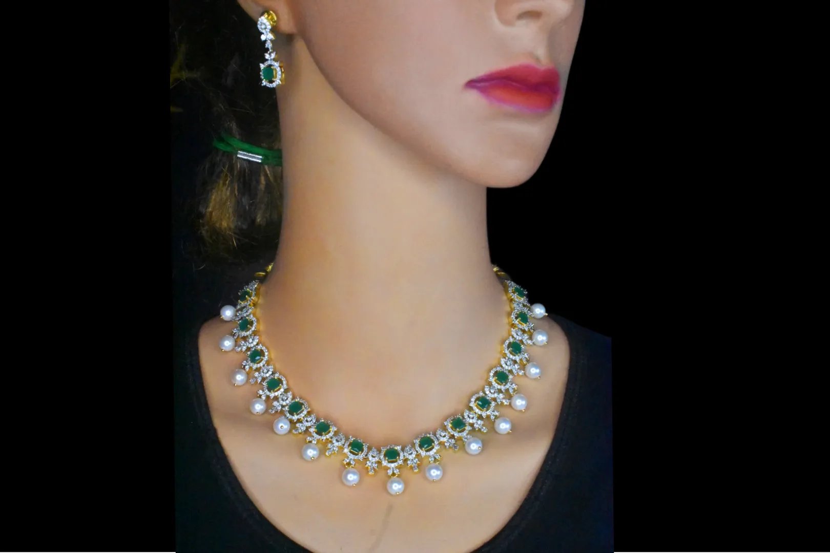 Graceful One Gram Gold Emerald,Ruby And American Diamonds Necklace