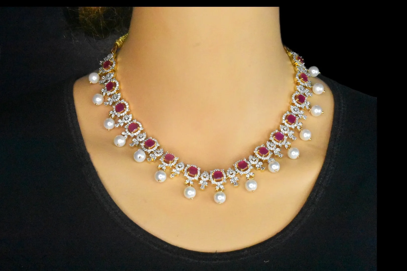 Graceful One Gram Gold Emerald,Ruby And American Diamonds Necklace