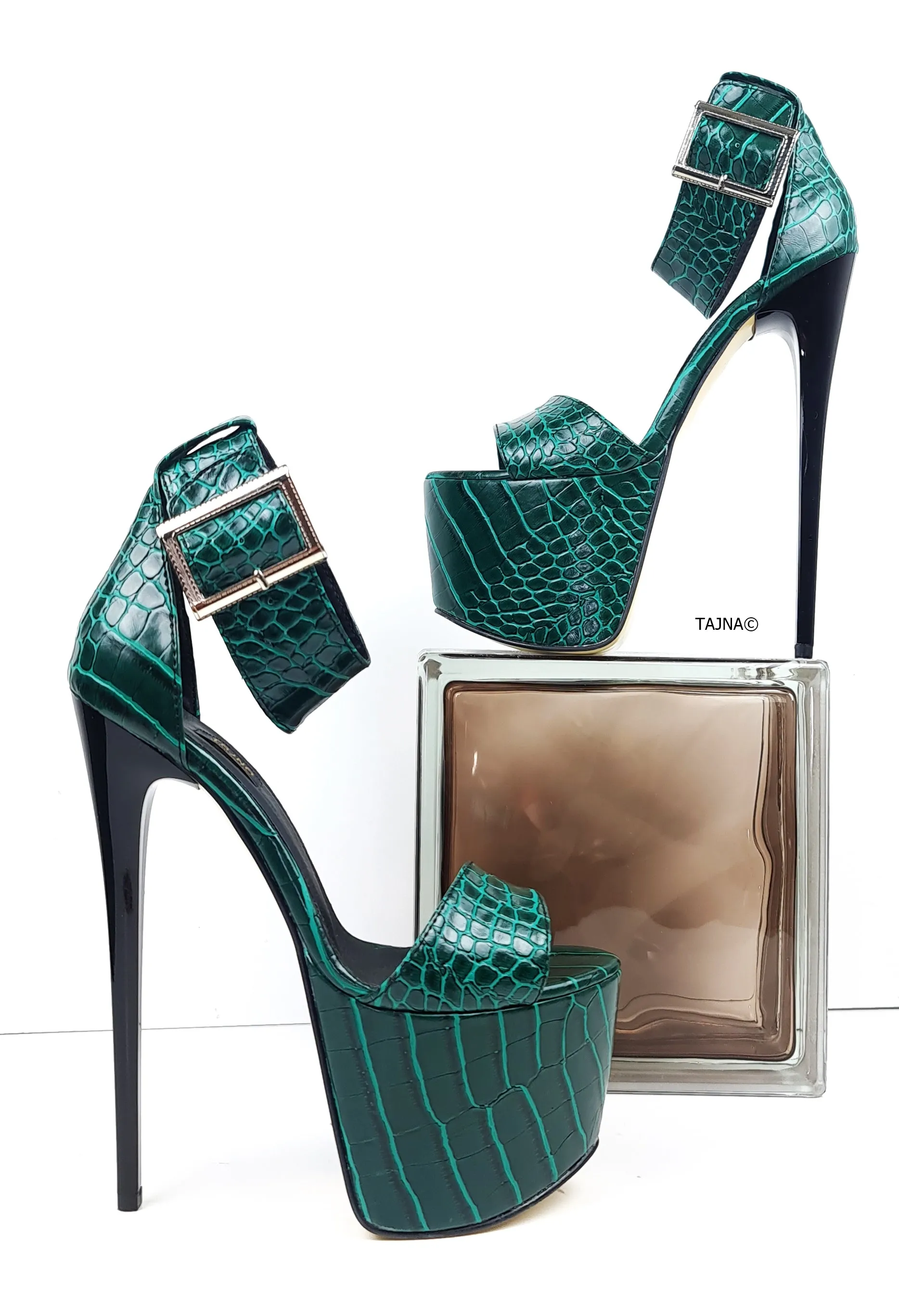 Green Croco Belted Ankle Strap High Heel Sandals