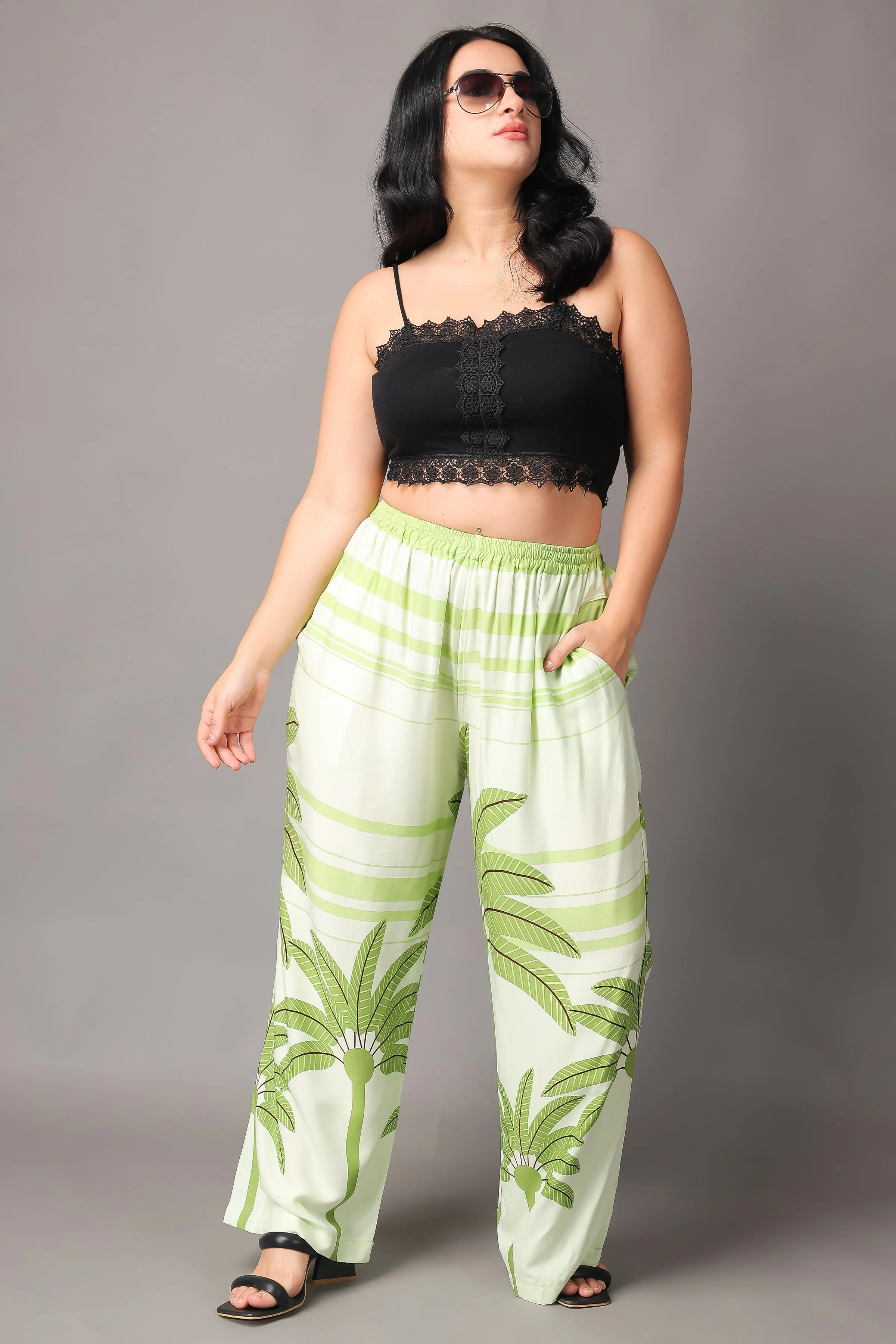 Green Palm Leaf Rayon Palazzo