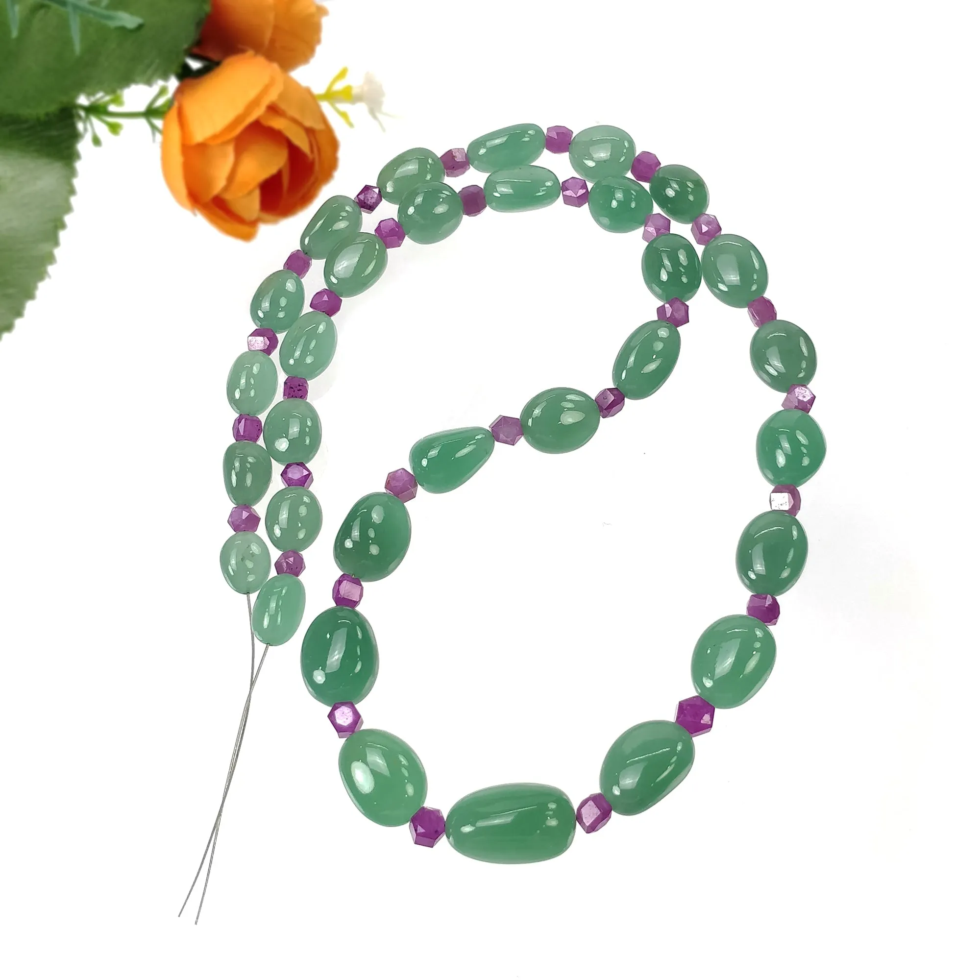 Green QUARTZITE With Raspberry SAPPHIRE Gemstone Loose Beads : 282.35cts Natural Untreated Quartzite Uneven Cabochon Nuggets 20" Loose Beads