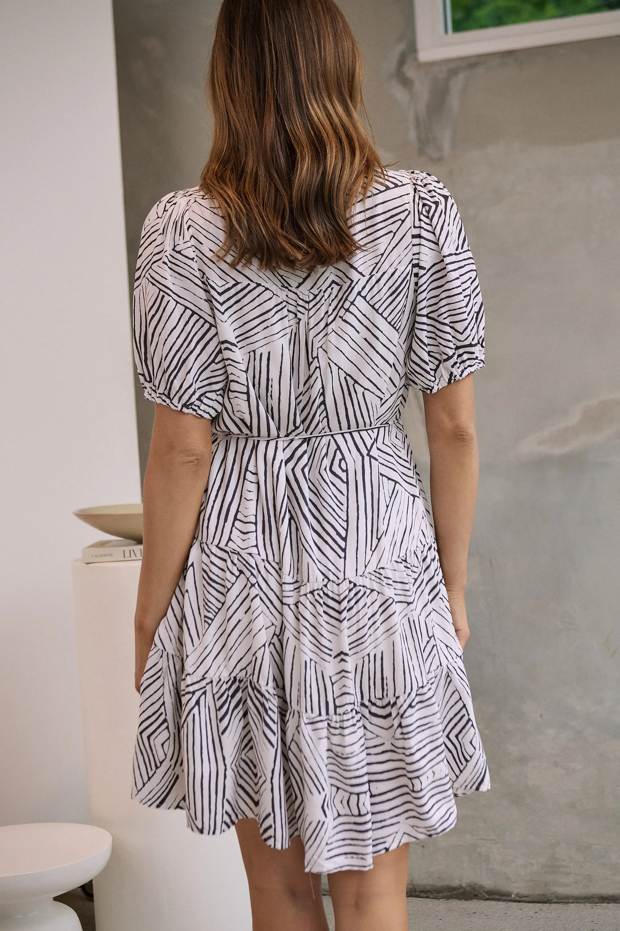 Hadley White/Black Abstract Print Frill Smock Dress