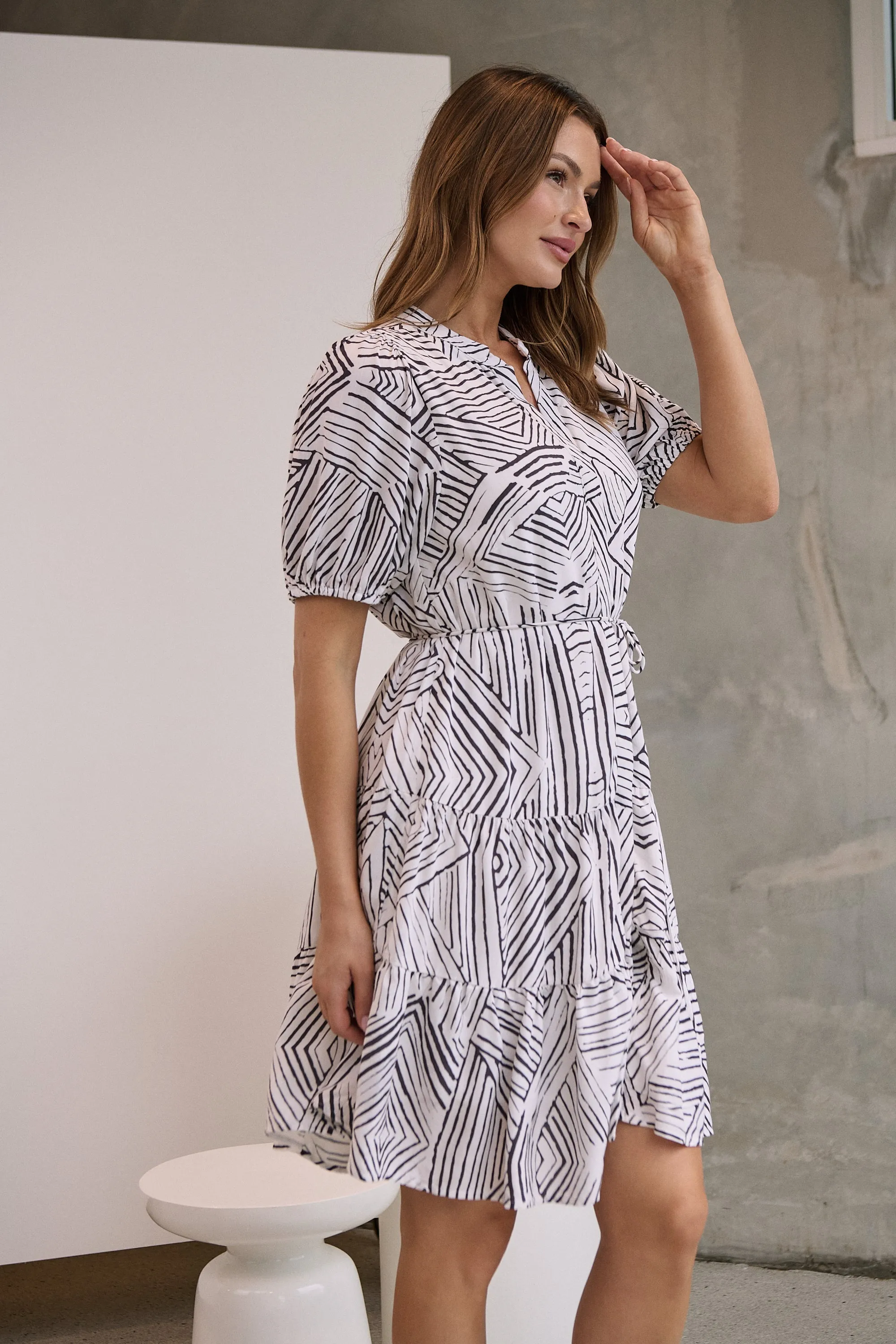 Hadley White/Black Abstract Print Frill Smock Dress