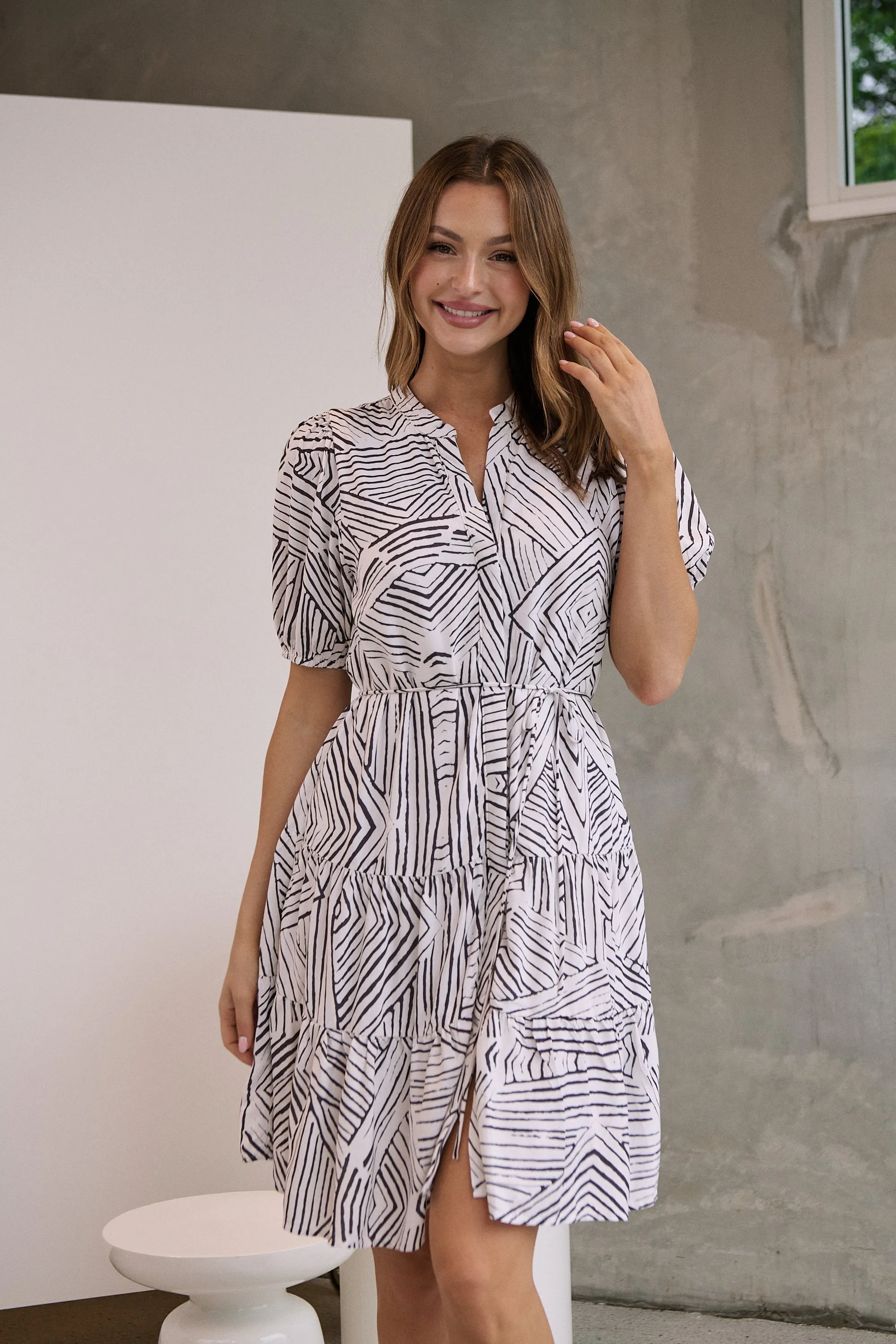 Hadley White/Black Abstract Print Frill Smock Dress