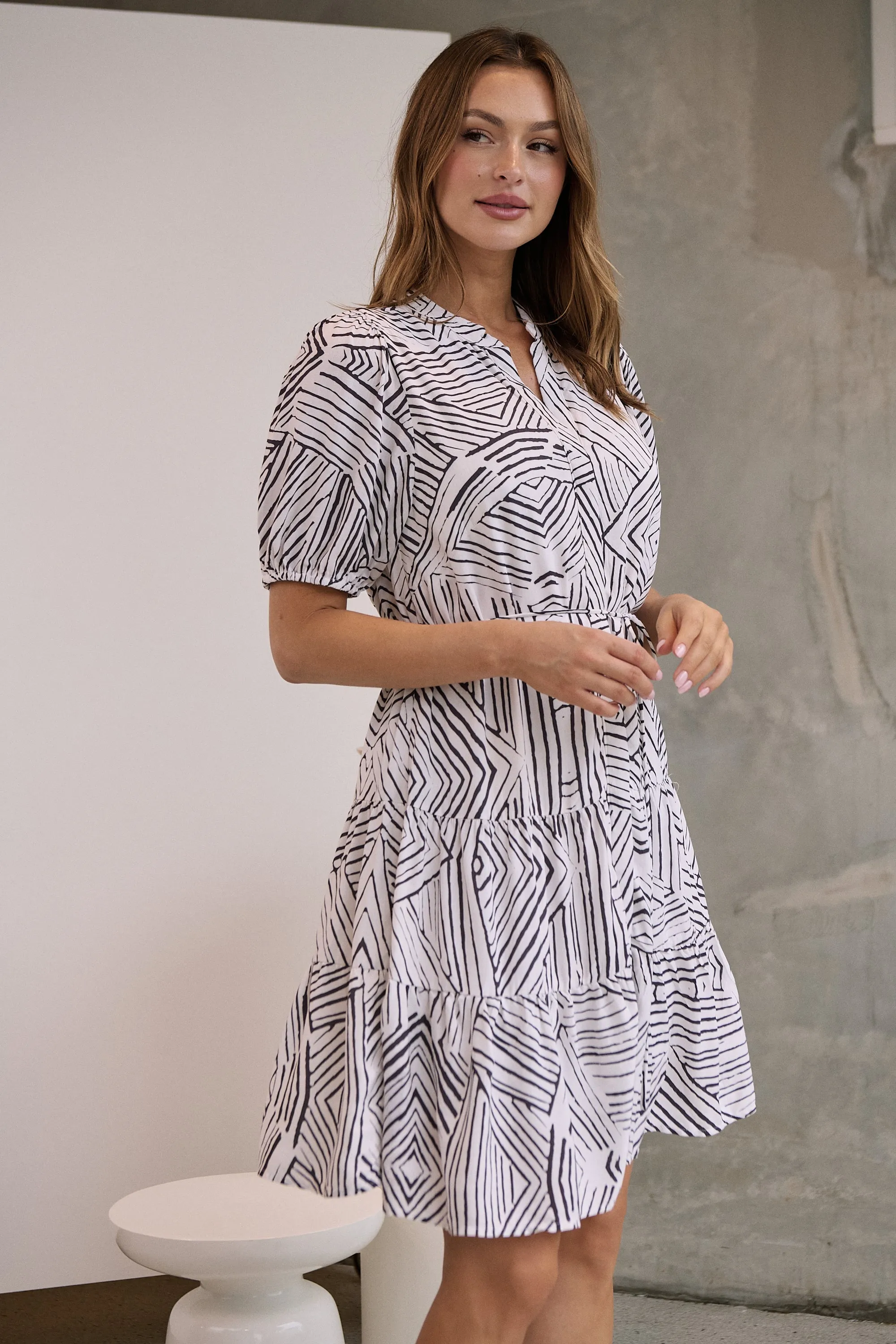 Hadley White/Black Abstract Print Frill Smock Dress