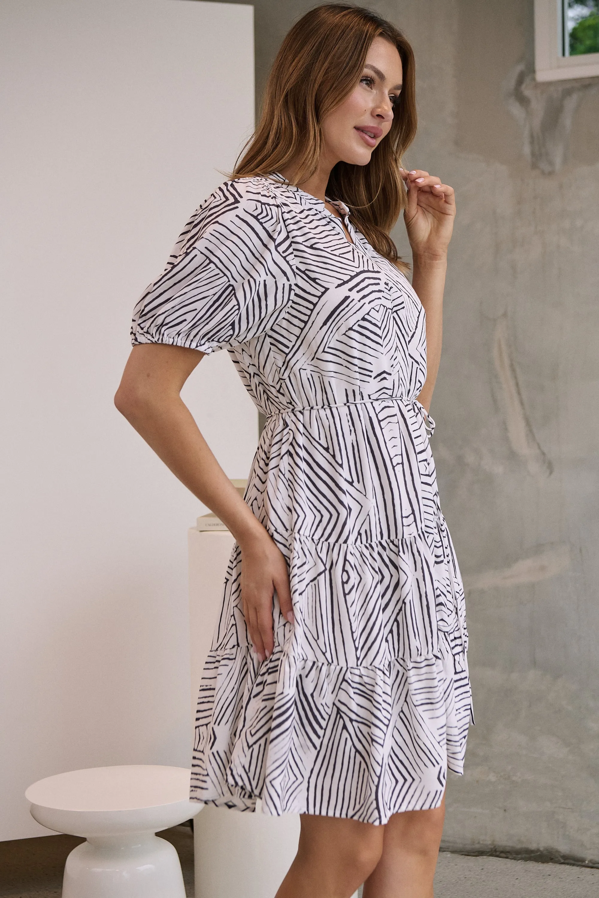 Hadley White/Black Abstract Print Frill Smock Dress