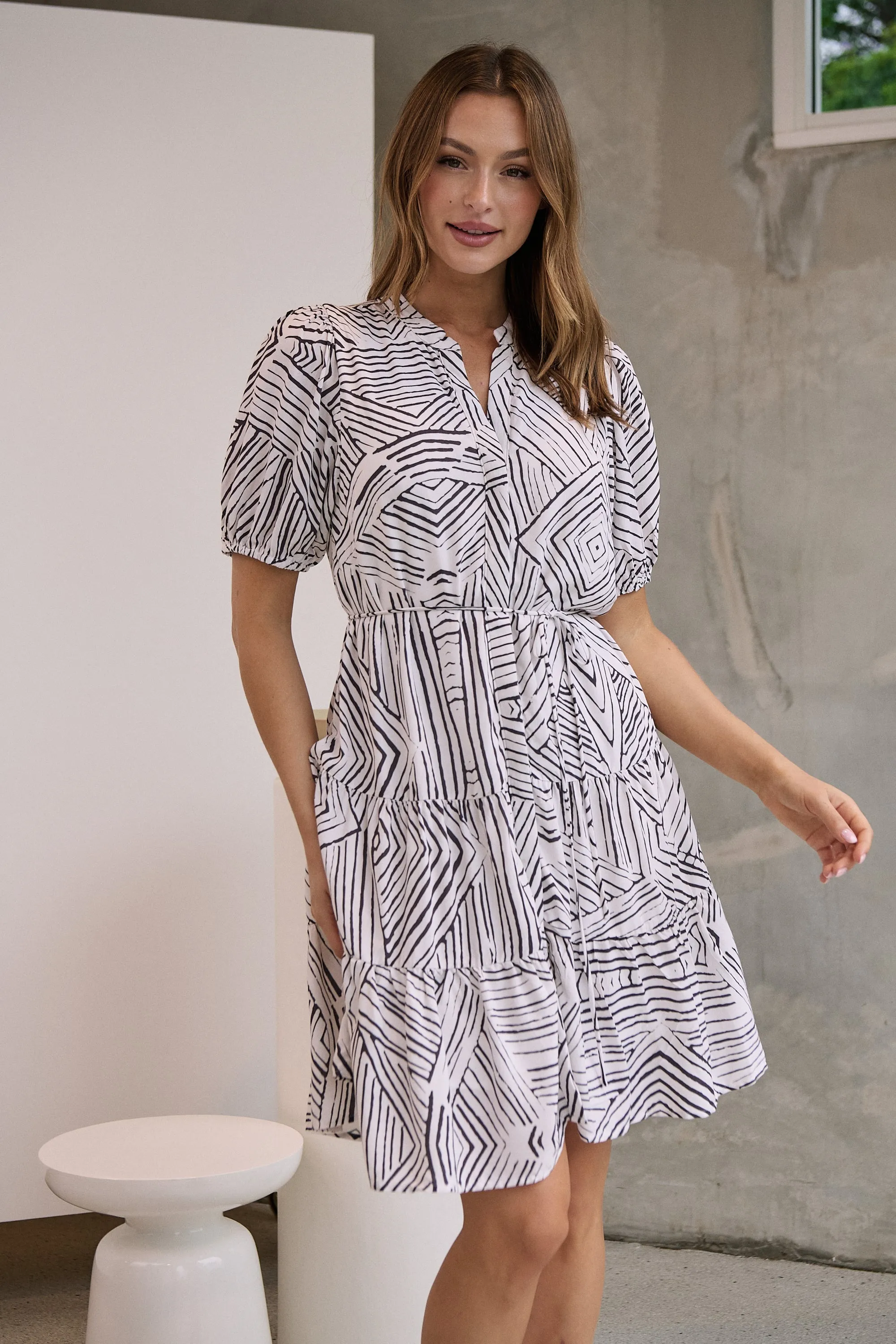 Hadley White/Black Abstract Print Frill Smock Dress