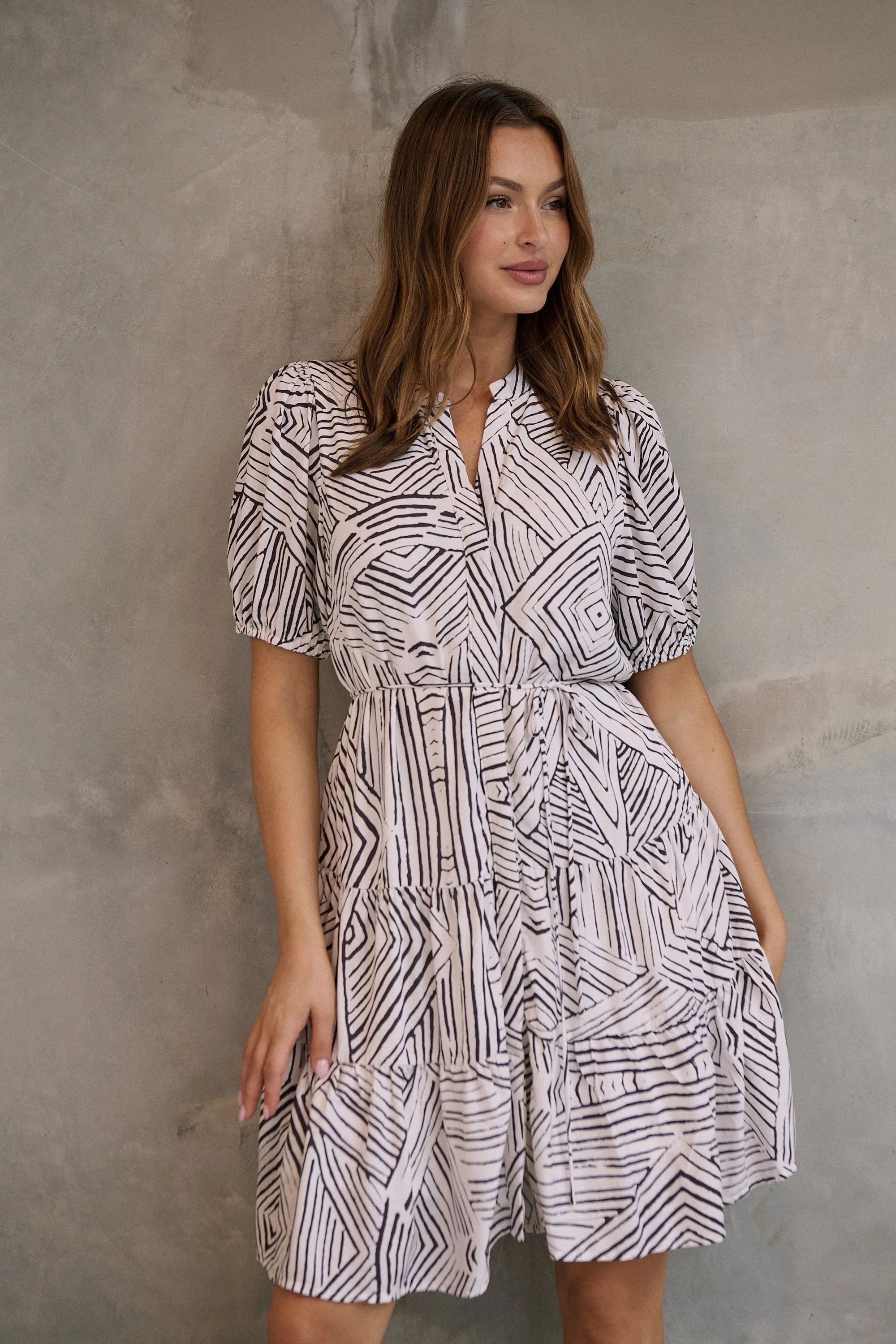 Hadley White/Black Abstract Print Frill Smock Dress