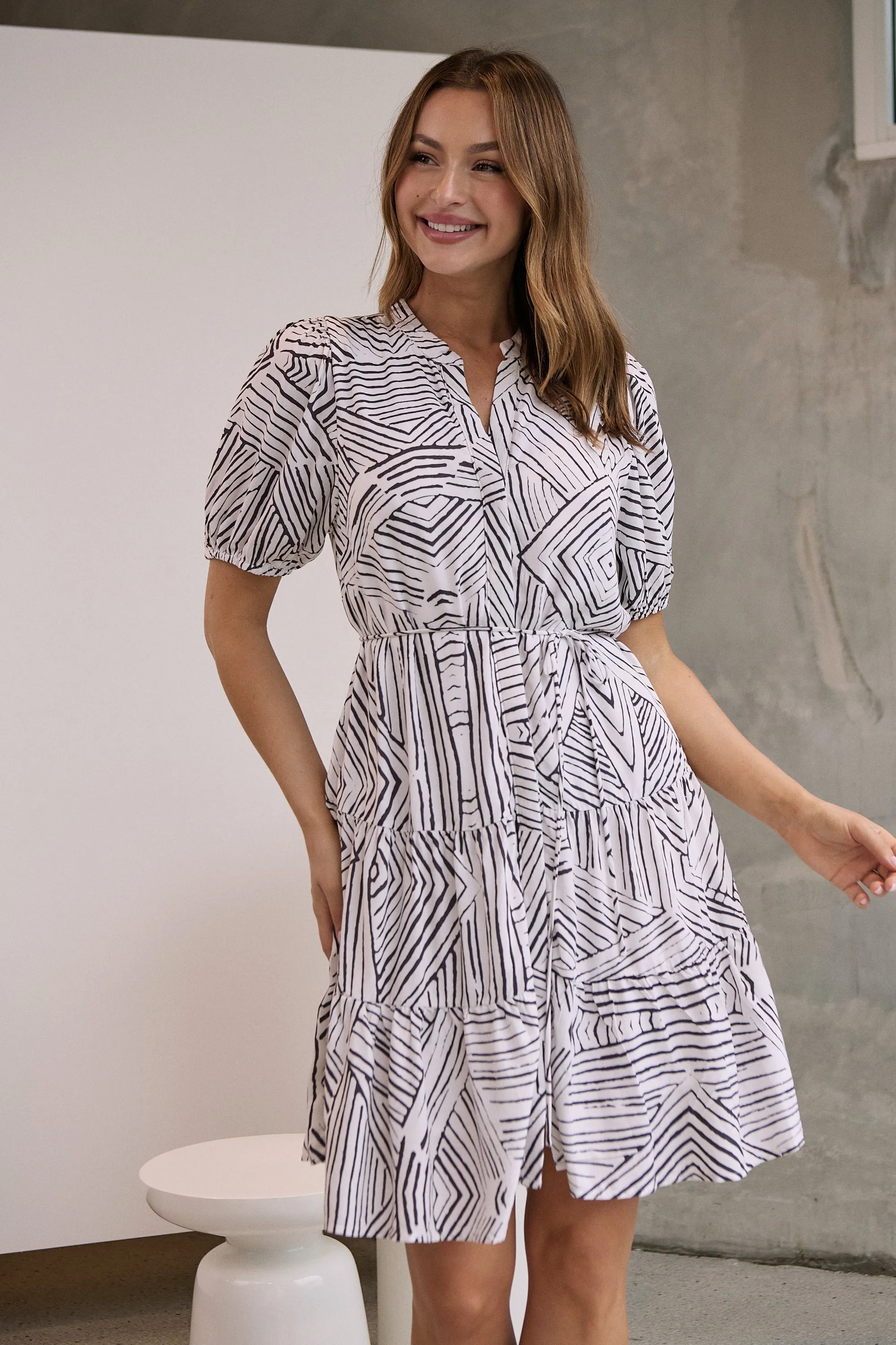 Hadley White/Black Abstract Print Frill Smock Dress