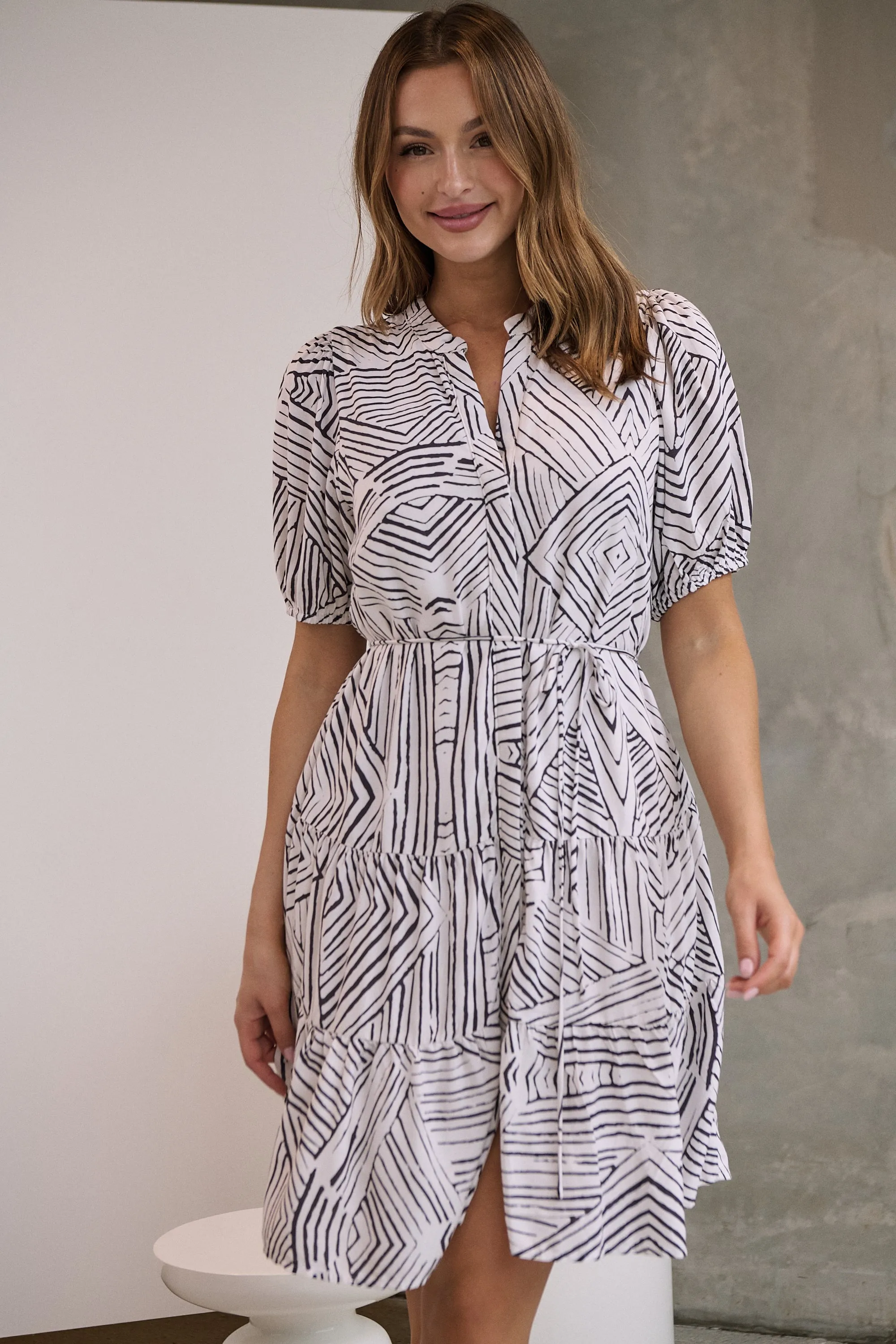 Hadley White/Black Abstract Print Frill Smock Dress