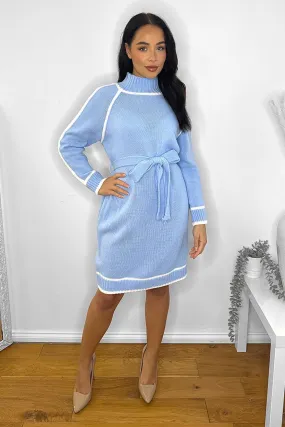 High Neck Contrast Details Belted Knitted Dress