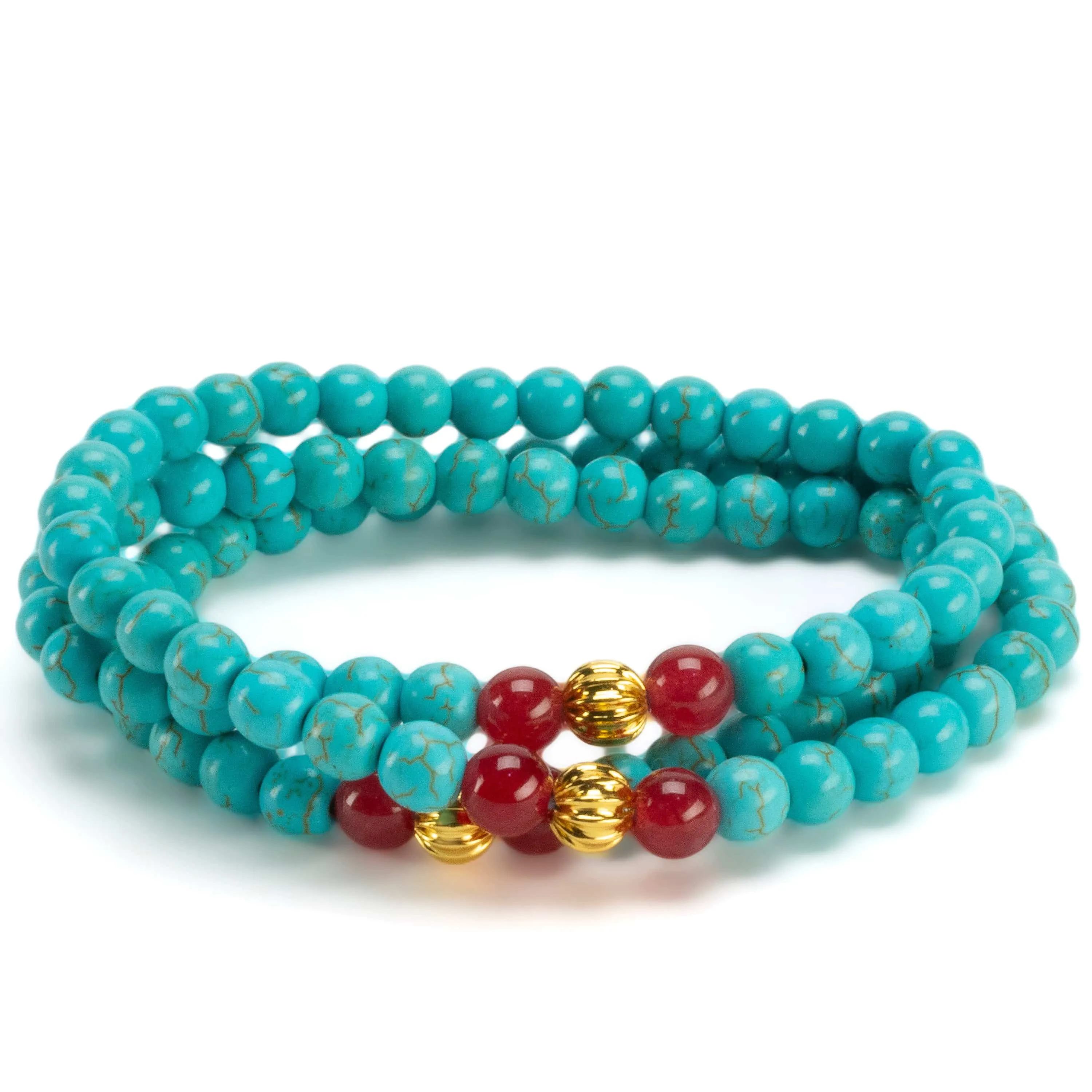 Howlite Turquoise 6mm Beads with Red Agate & Gold Accent Beads Triple Wrap Gemstone Elastic Bracelet