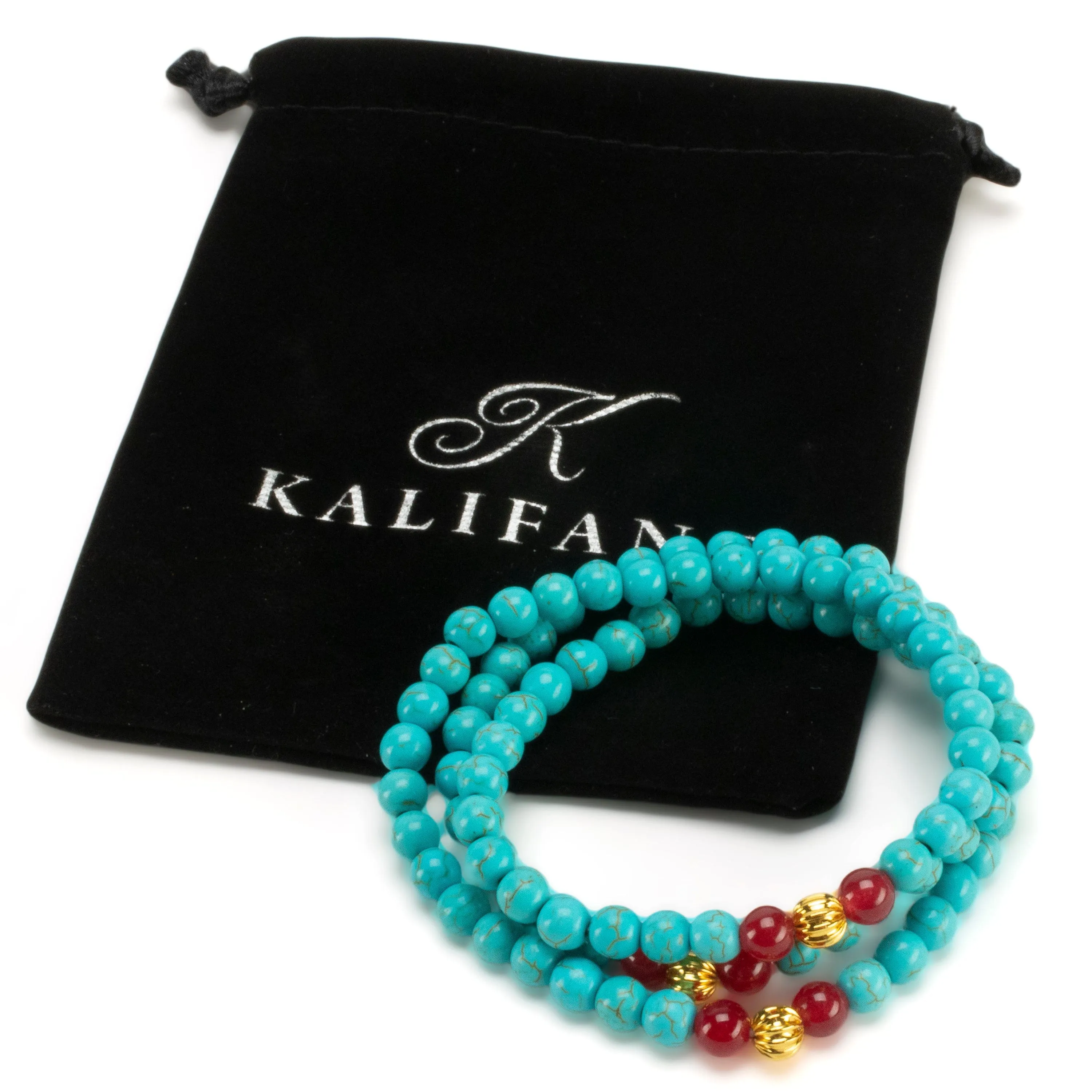 Howlite Turquoise 6mm Beads with Red Agate & Gold Accent Beads Triple Wrap Gemstone Elastic Bracelet