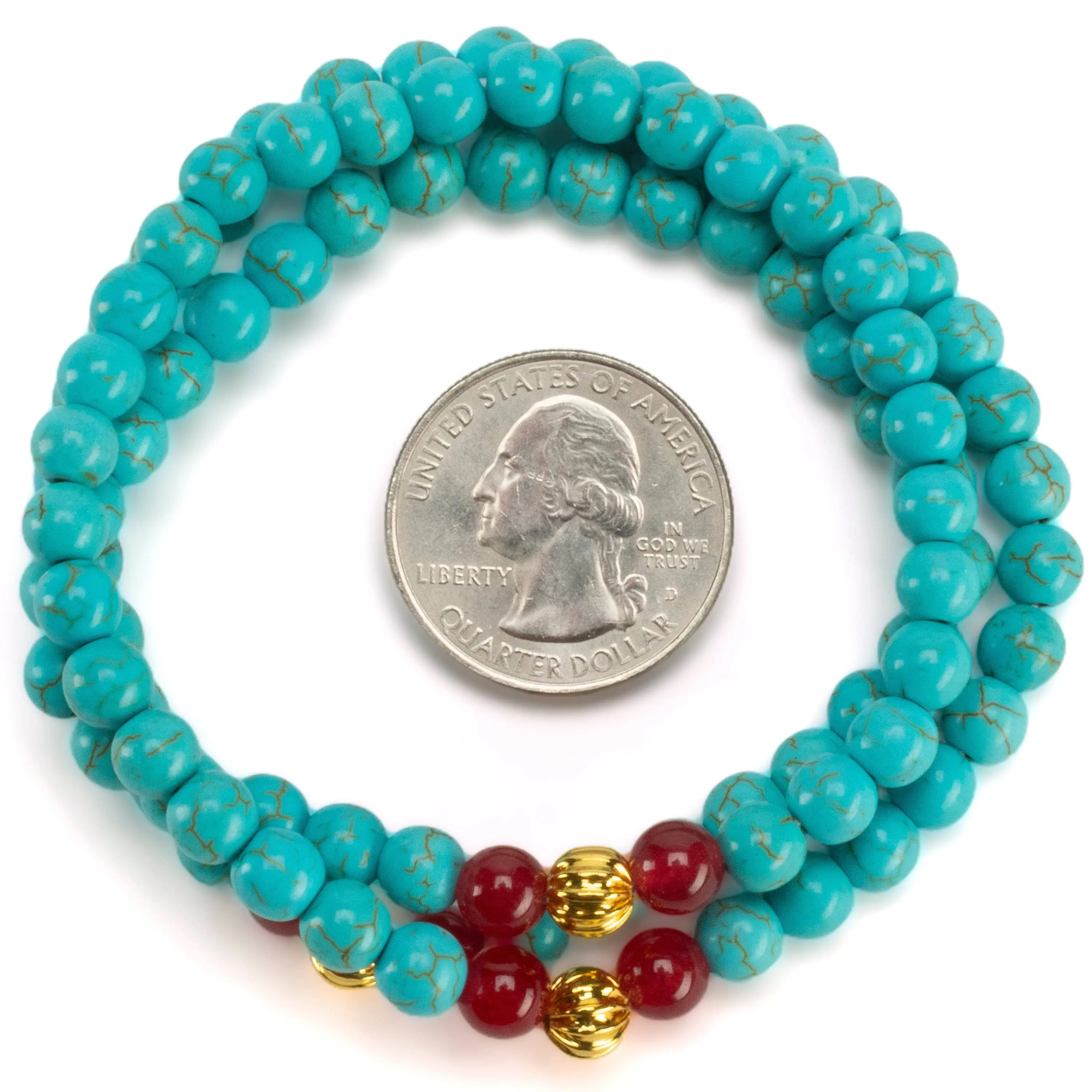 Howlite Turquoise 6mm Beads with Red Agate & Gold Accent Beads Triple Wrap Gemstone Elastic Bracelet