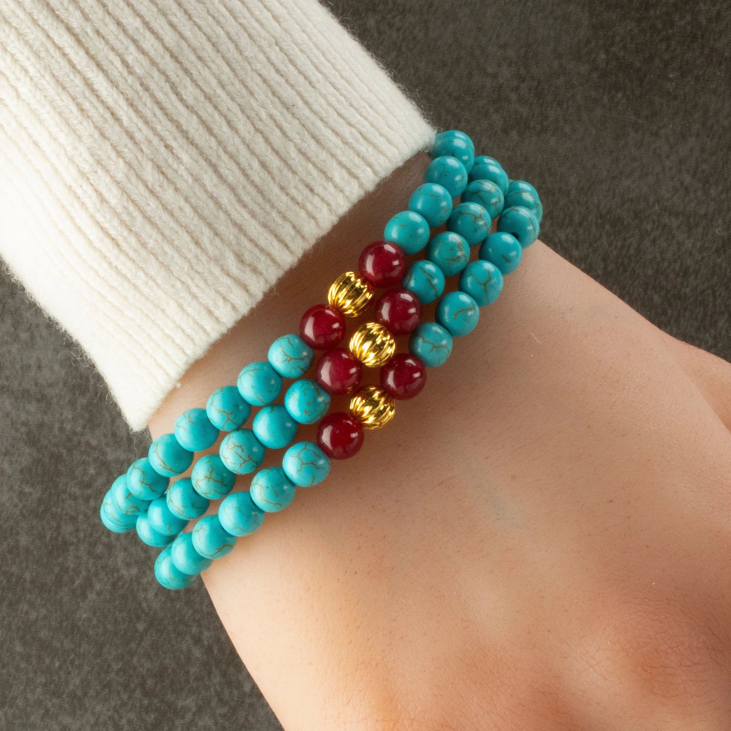 Howlite Turquoise 6mm Beads with Red Agate & Gold Accent Beads Triple Wrap Gemstone Elastic Bracelet