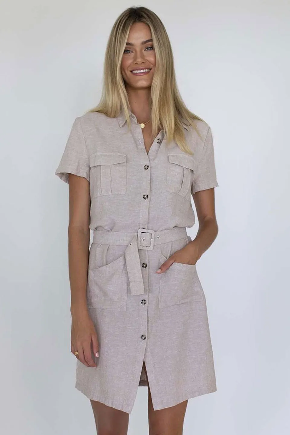 Isabetta Linen SS Natural Mini Belted Shirt Dress