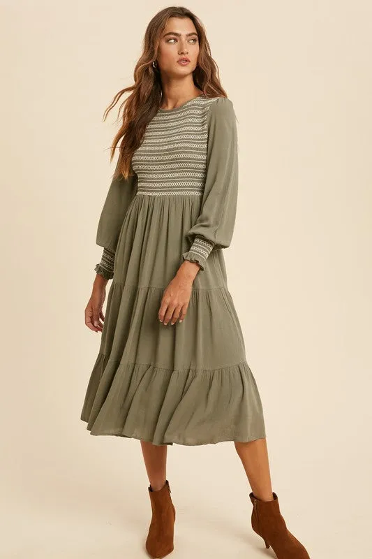 Jamie Smocked Midi Dress in Moss