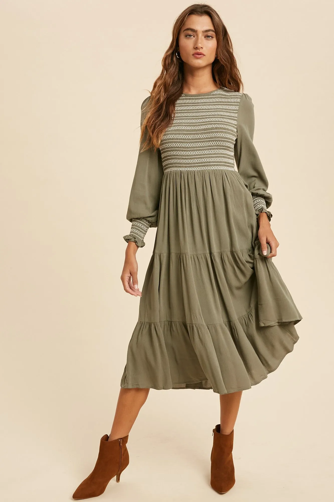 Jamie Smocked Midi Dress in Moss