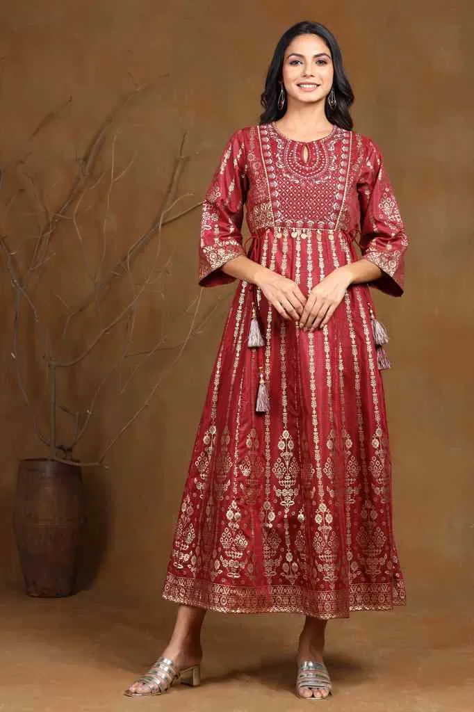 Juniper Maroon Ethnic Motif Printed Shantoon Anarkali Dress.