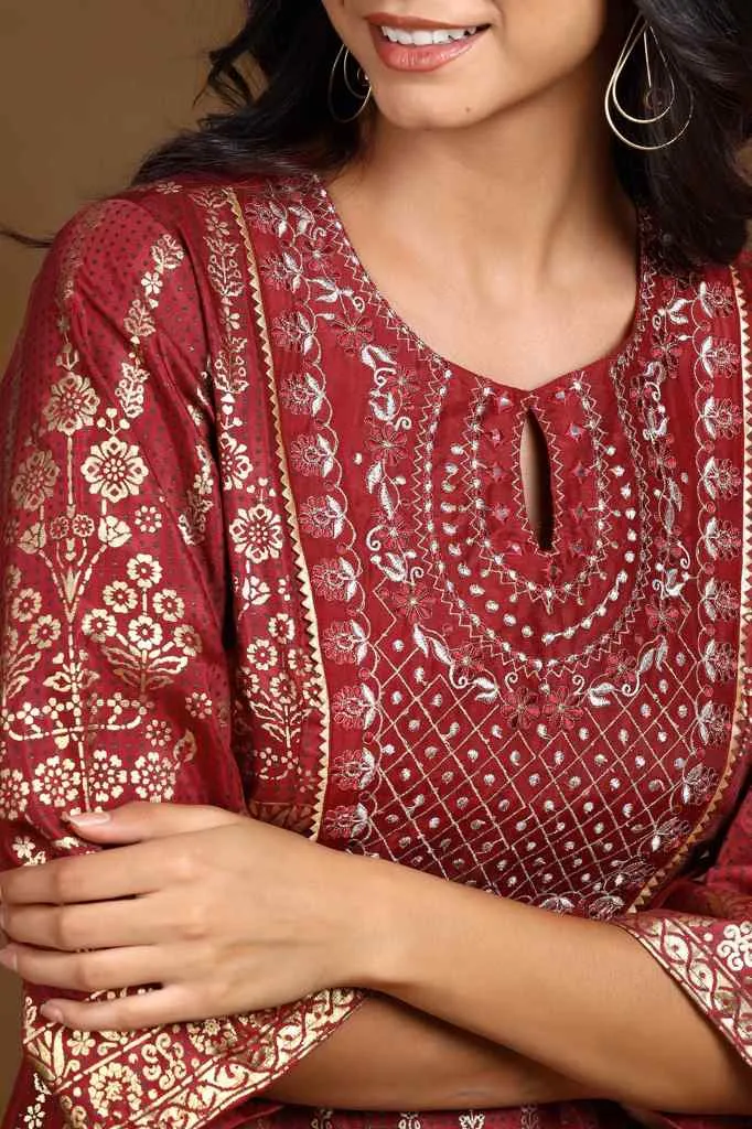 Juniper Maroon Ethnic Motif Printed Shantoon Anarkali Dress.