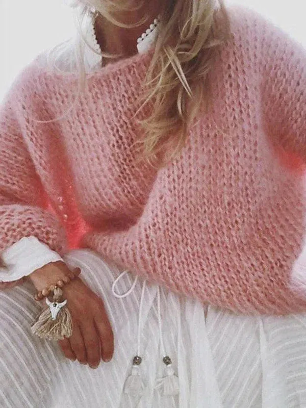 Lantern Sleeve Cable Knit Sweater for Women with Crew Neck