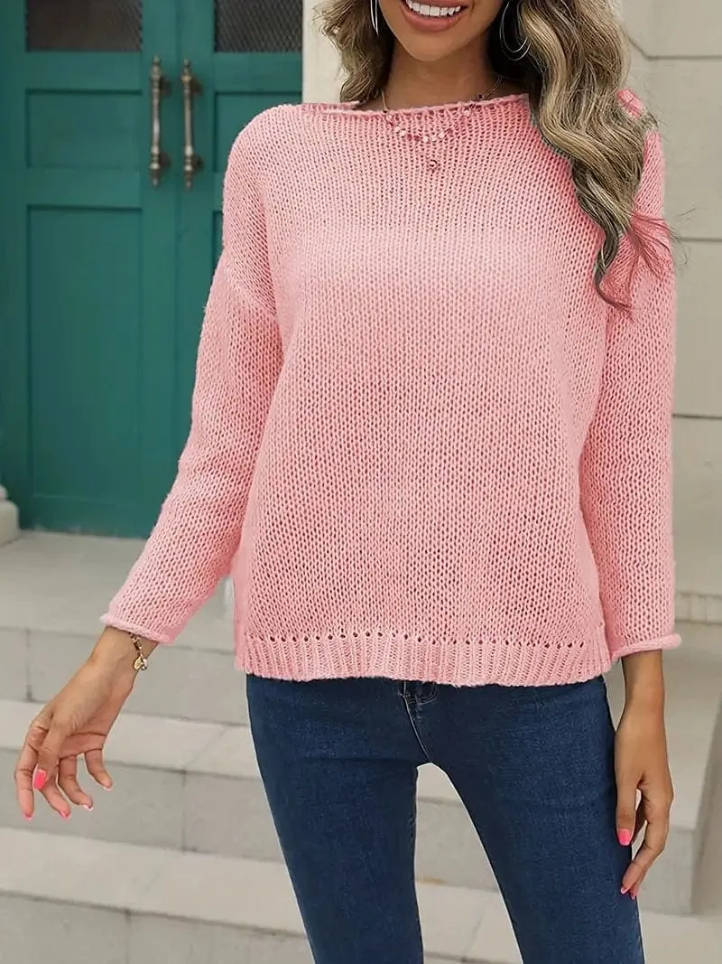 Lantern Sleeve Cable Knit Sweater for Women with Crew Neck