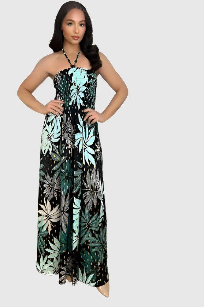 Leaves And Dots Print Shirred Bust Maxi Dress