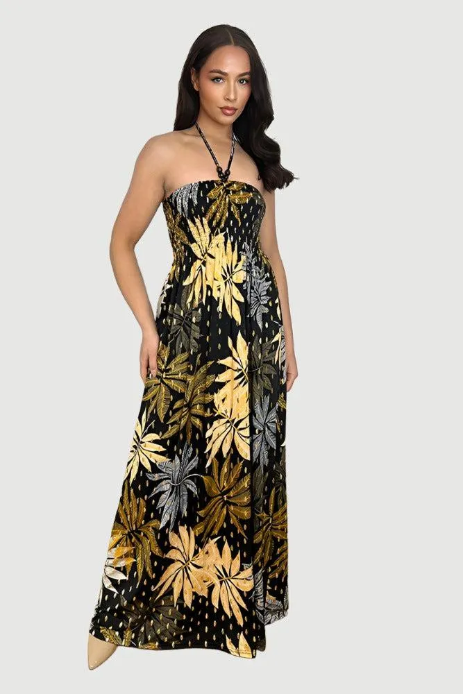 Leaves And Dots Print Shirred Bust Maxi Dress