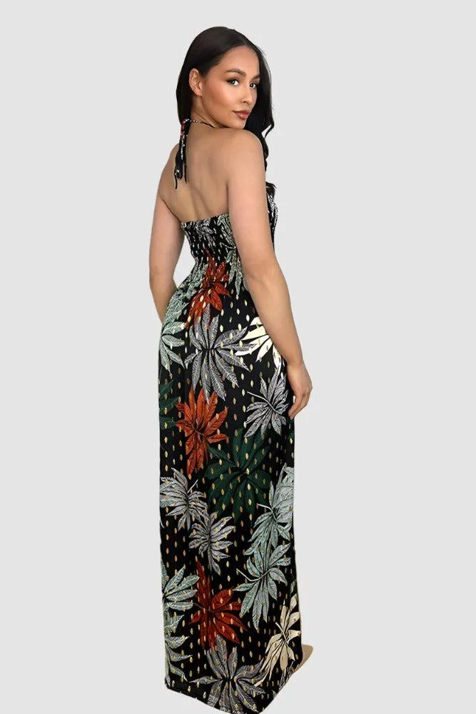 Leaves And Dots Print Shirred Bust Maxi Dress