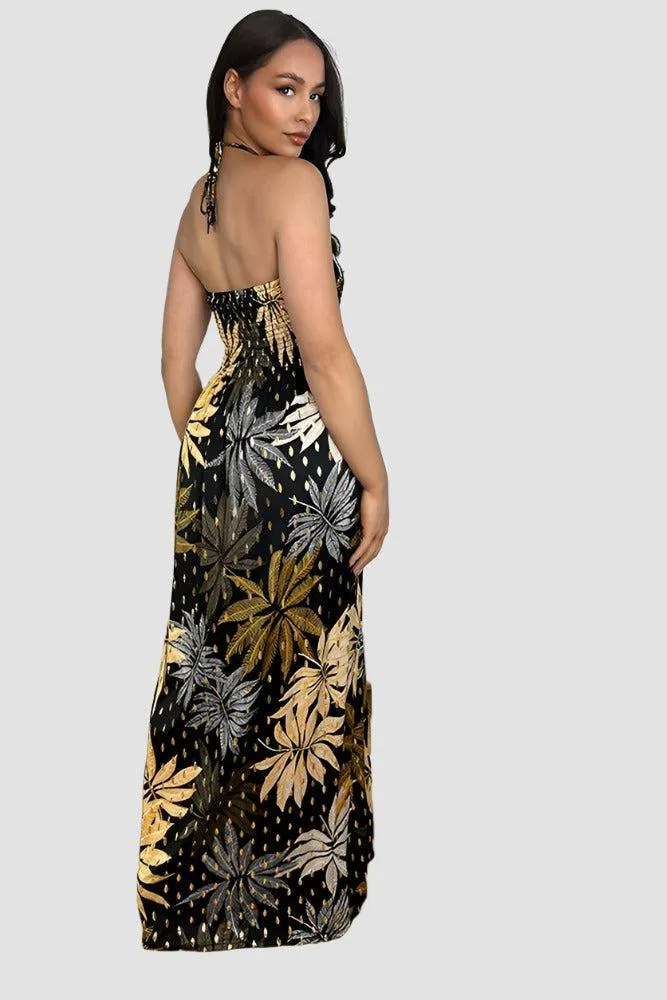 Leaves And Dots Print Shirred Bust Maxi Dress