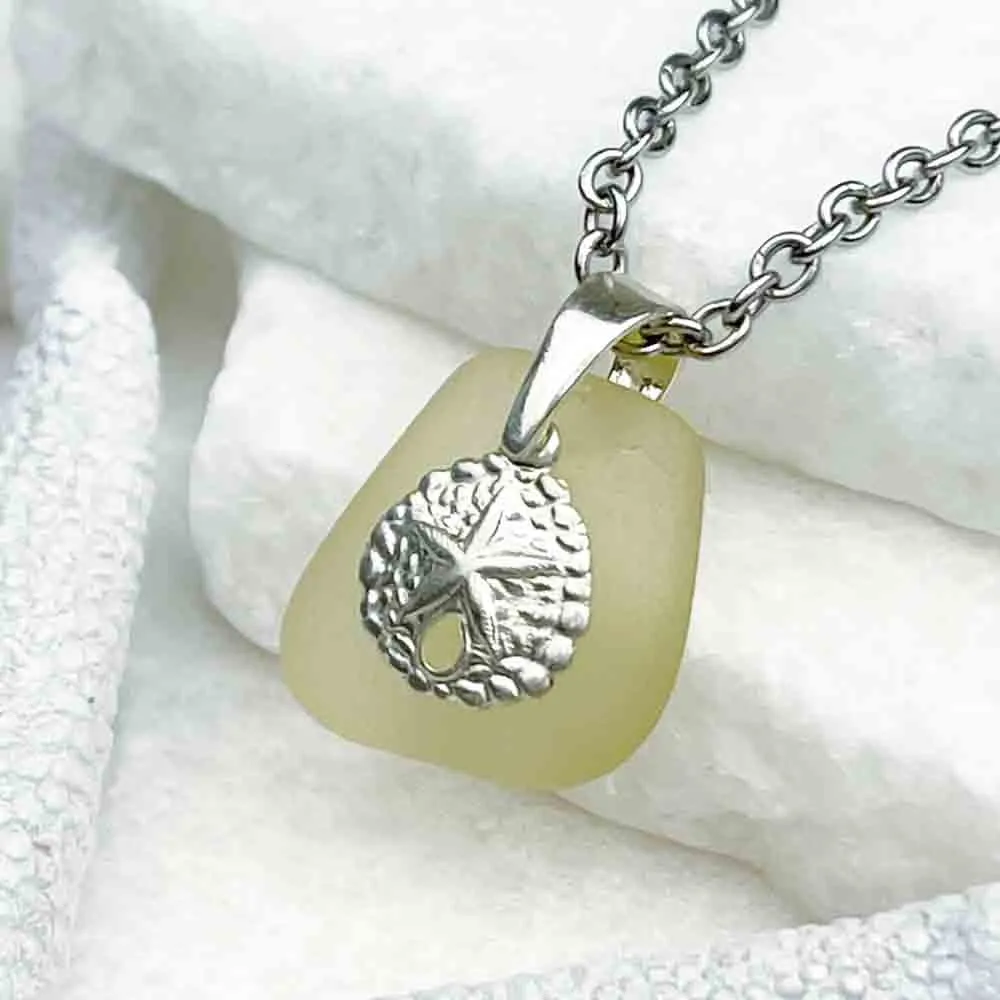 Light Yellow Sea Glass Pendant with Sterling Silver Sand Dollar | 5230