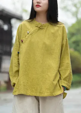 Loose Yellow Button Low High Design Linen Shirt Long Sleeve CG1044