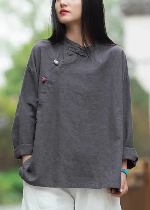 Loose Yellow Button Low High Design Linen Shirt Long Sleeve CG1044