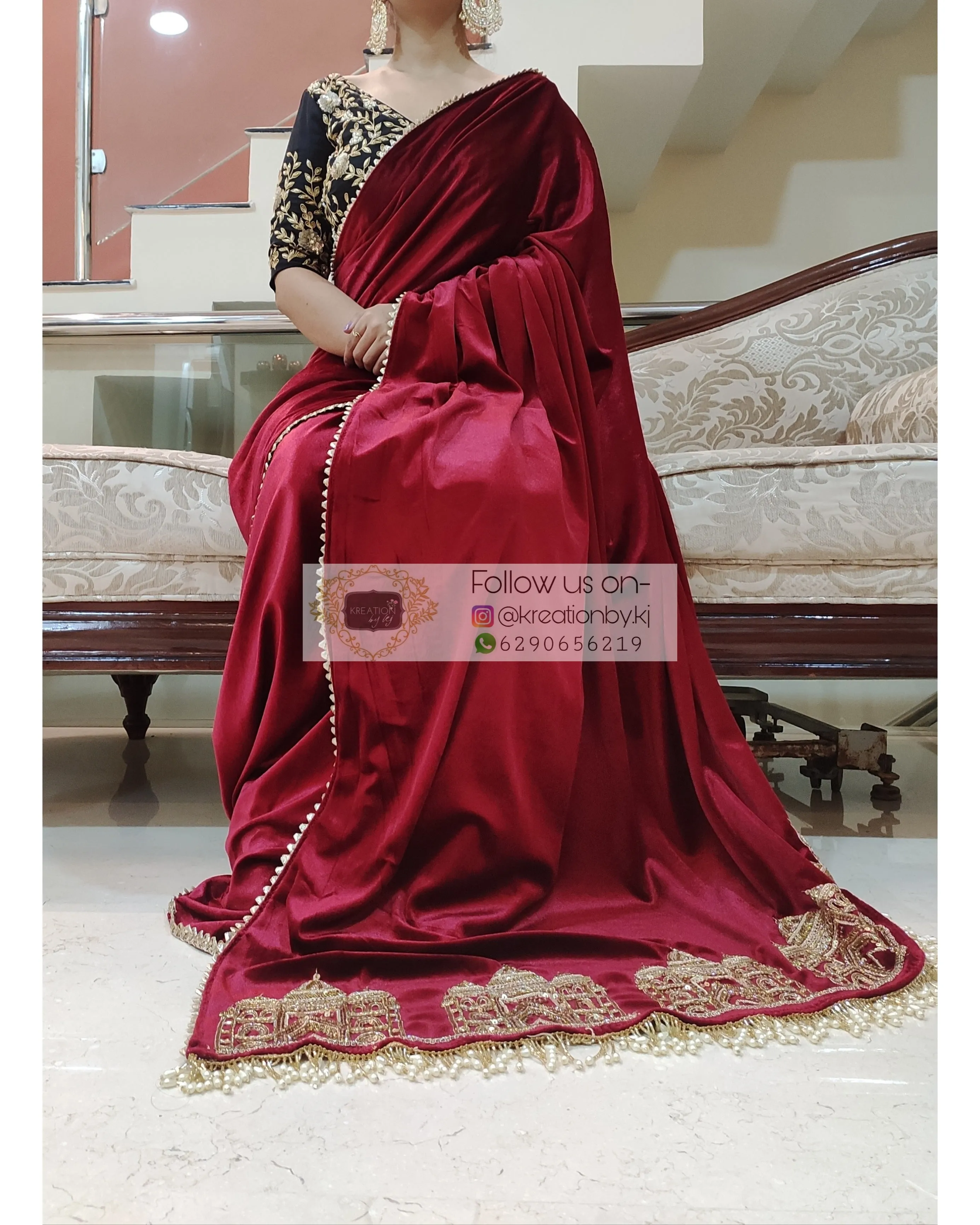 Maroon Velvet Taj Mahal Saree