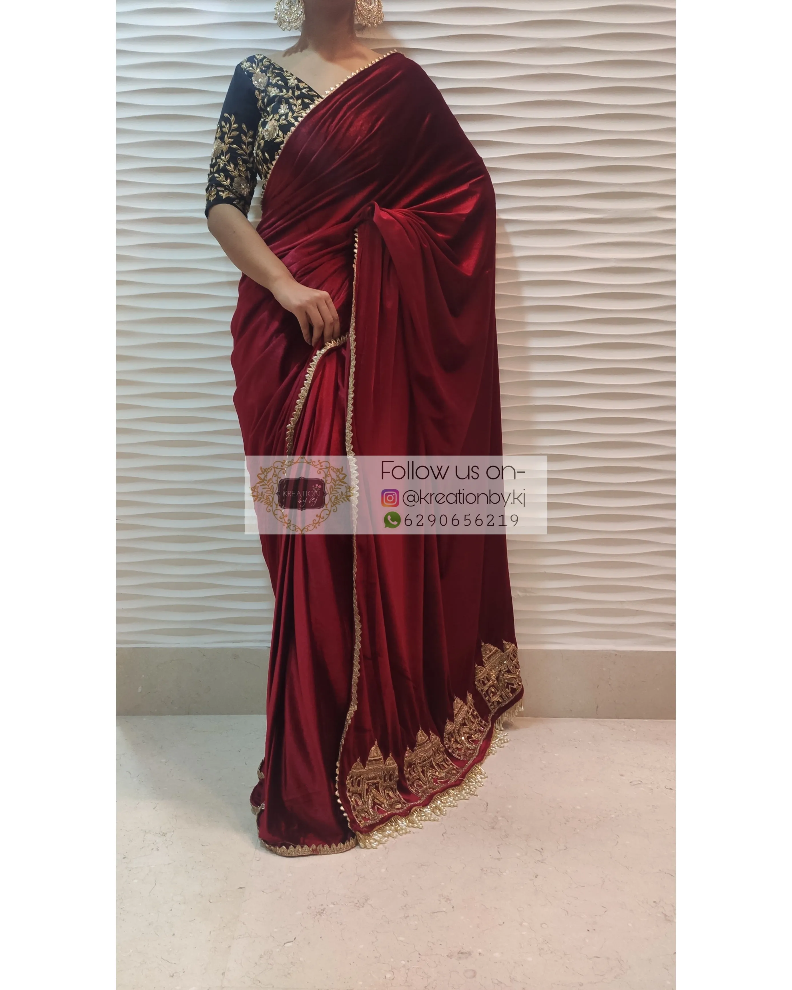 Maroon Velvet Taj Mahal Saree