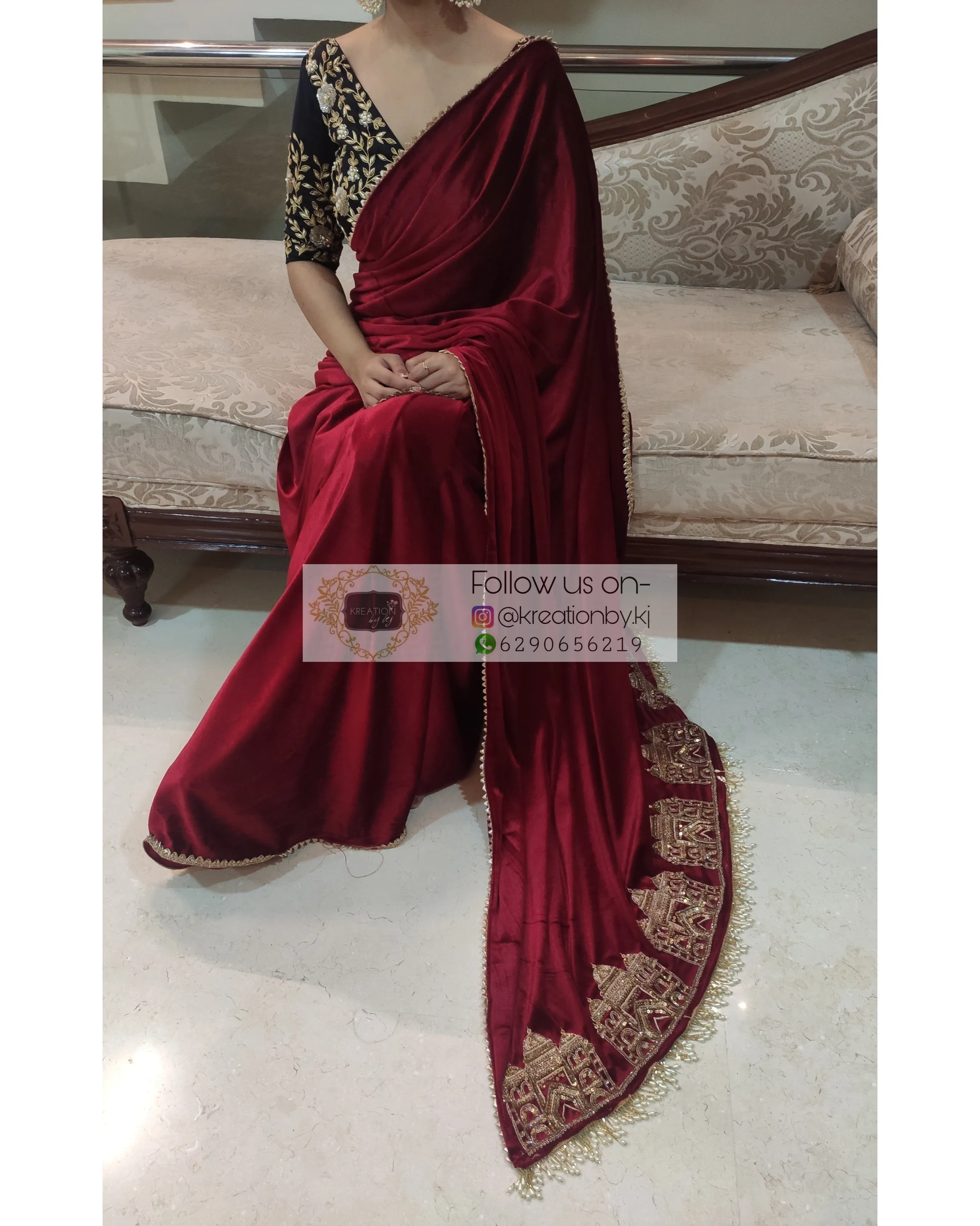 Maroon Velvet Taj Mahal Saree