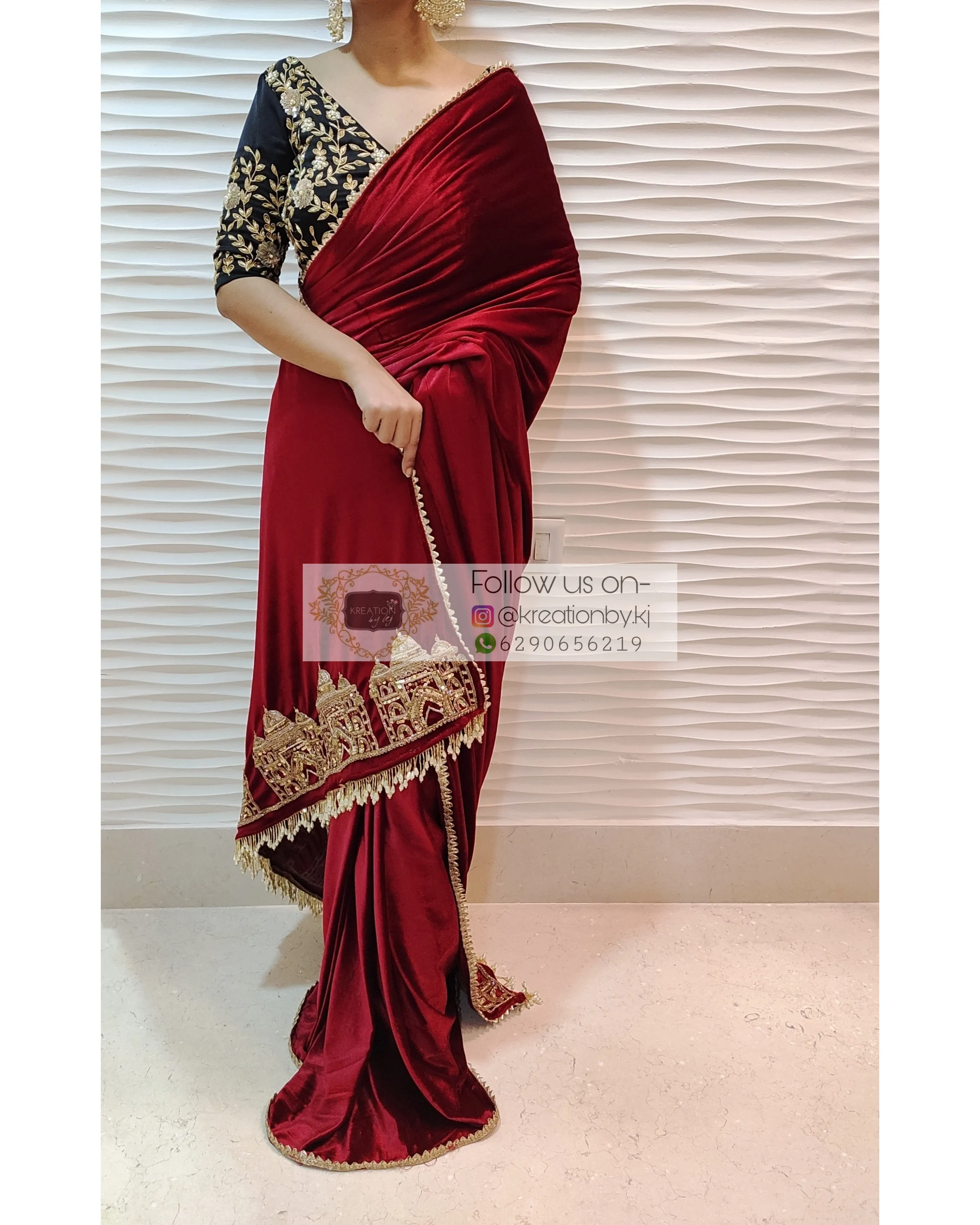 Maroon Velvet Taj Mahal Saree