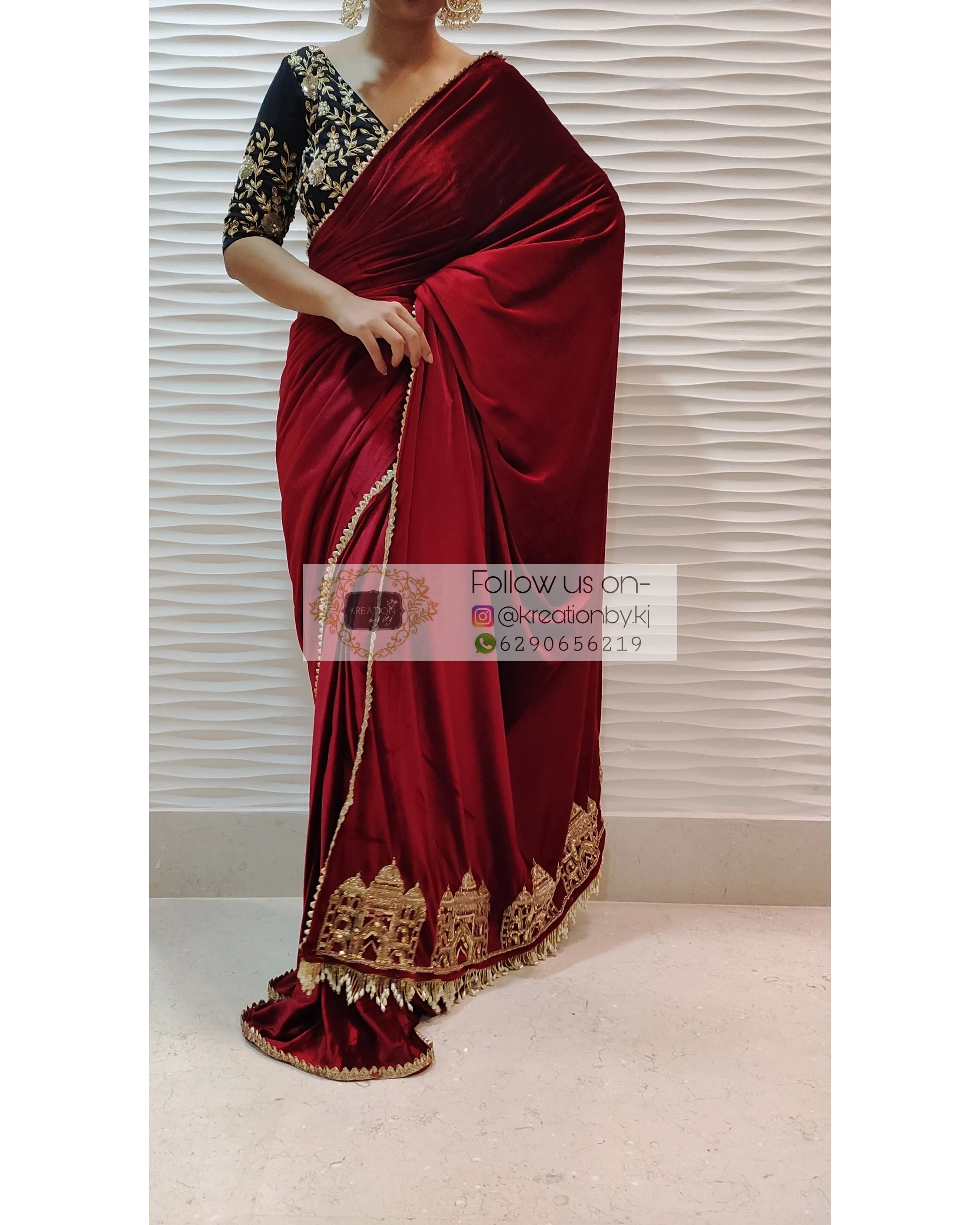 Maroon Velvet Taj Mahal Saree