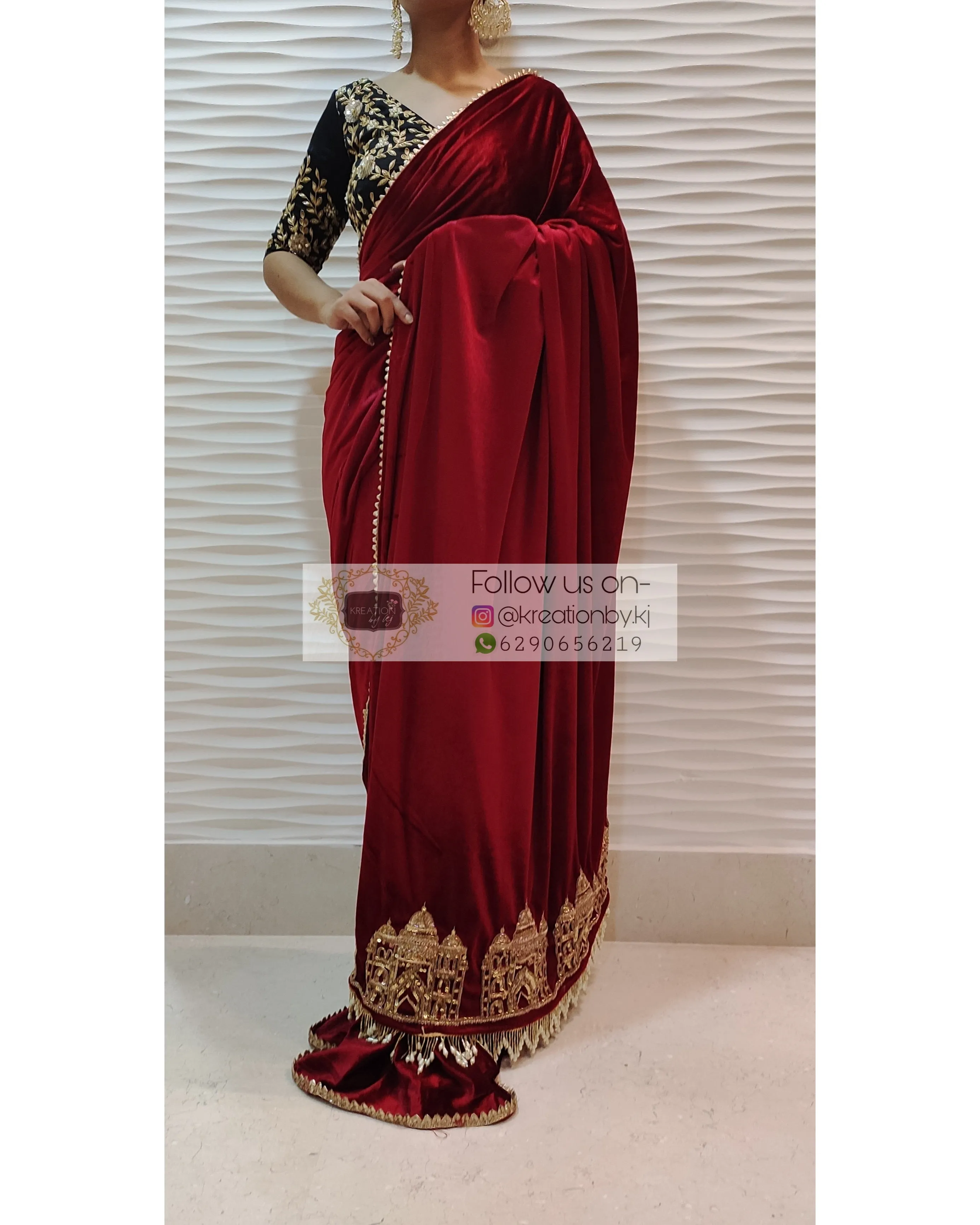 Maroon Velvet Taj Mahal Saree