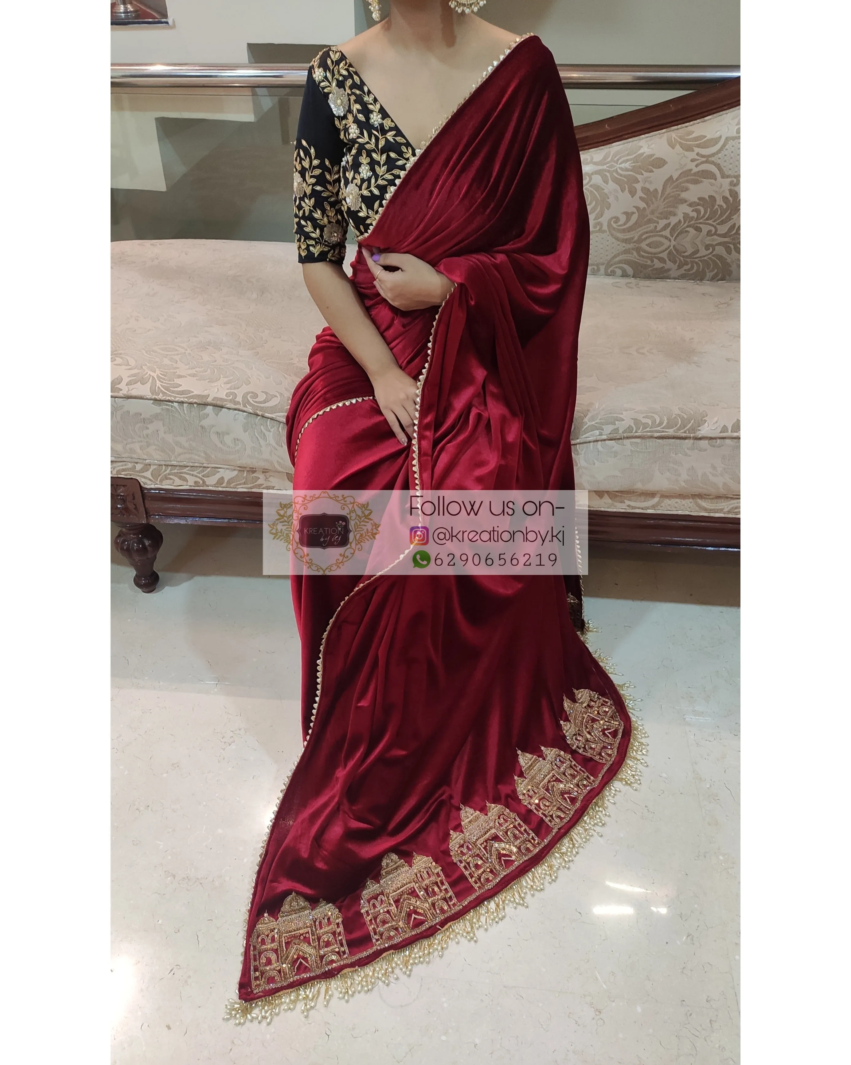 Maroon Velvet Taj Mahal Saree