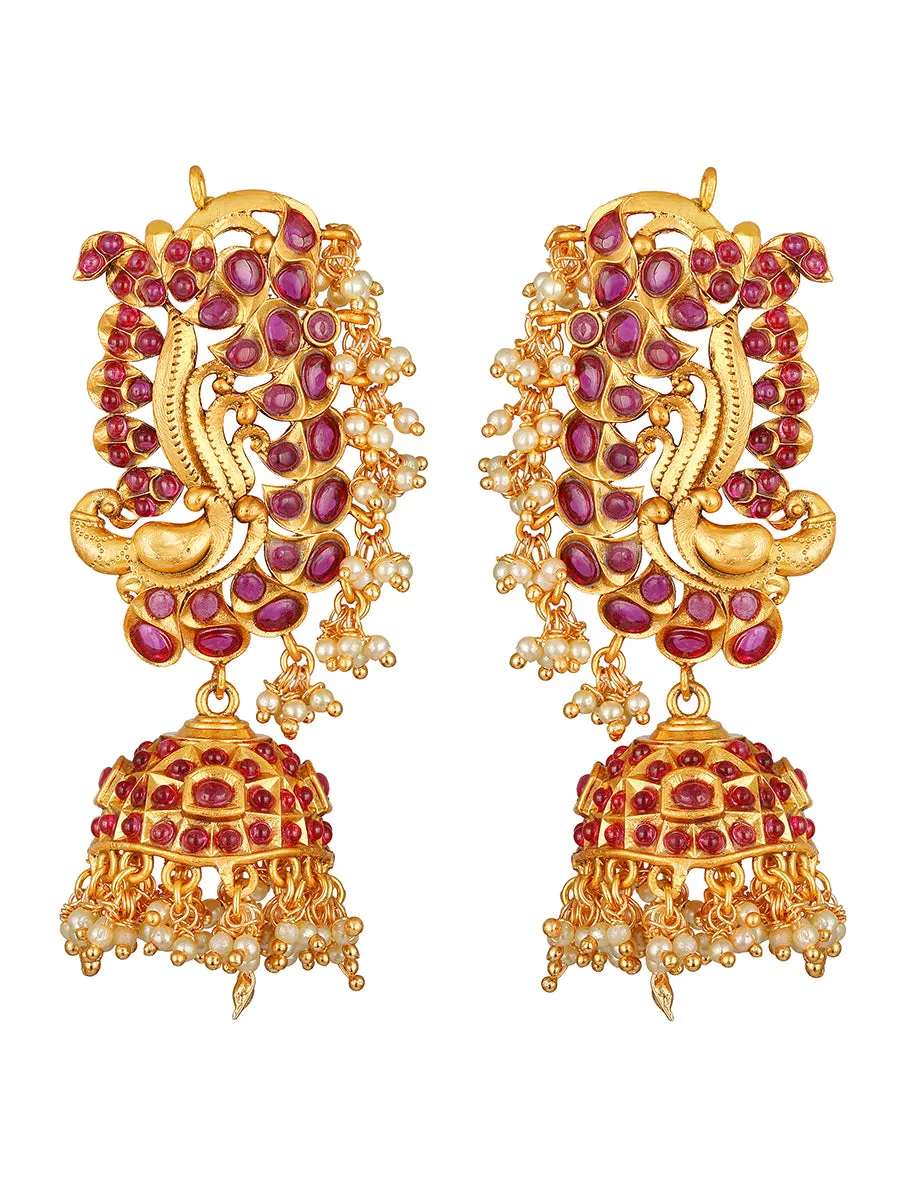 Micron Gold Polished Earring With Pearls, & Maroon Coloured Polki Stones.