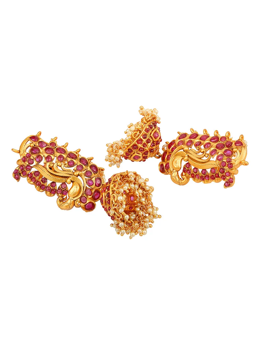 Micron Gold Polished Earring With Pearls, & Maroon Coloured Polki Stones.