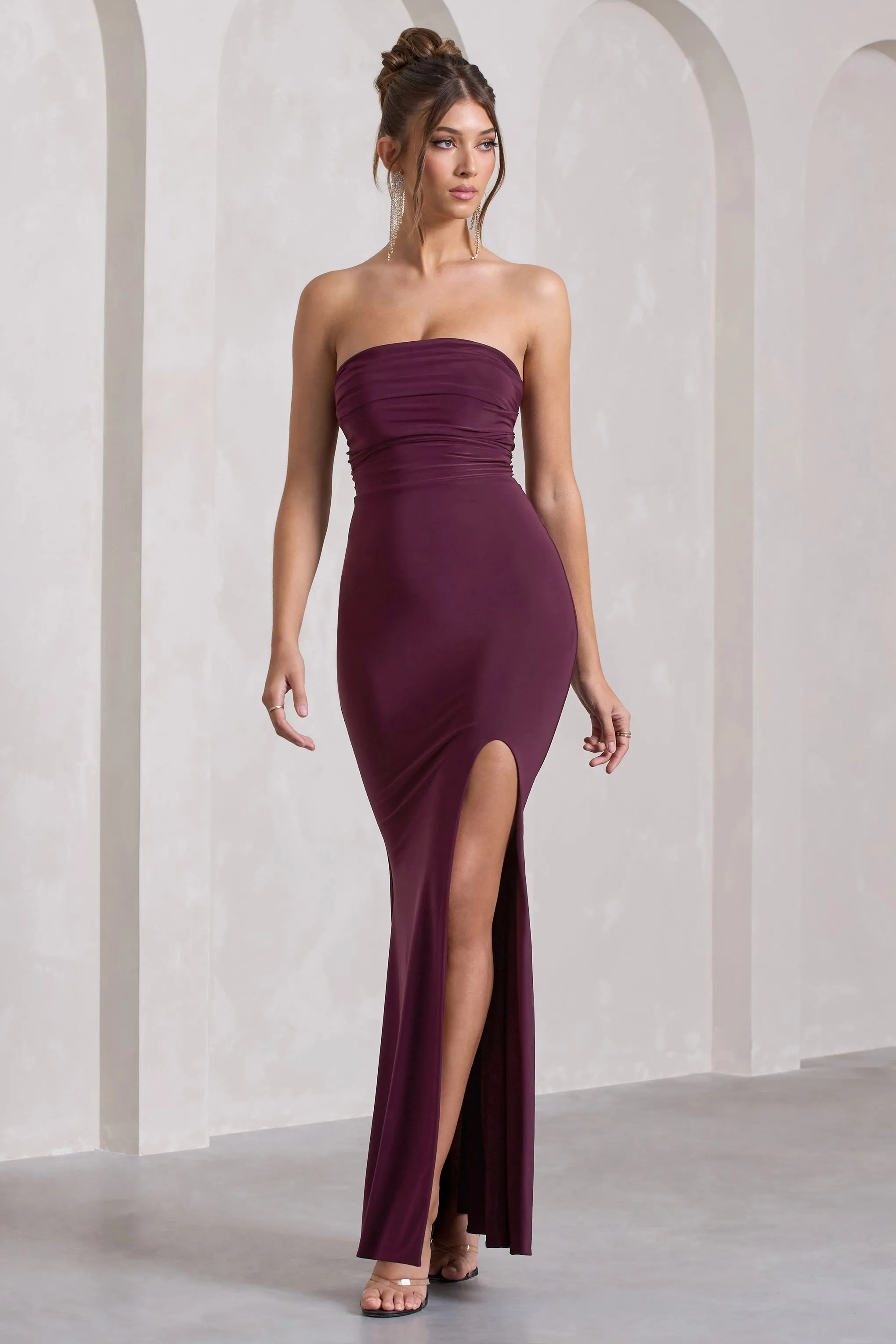 Midnight Calling | Plum  Bandeau Split Lace-Up Maxi Dress