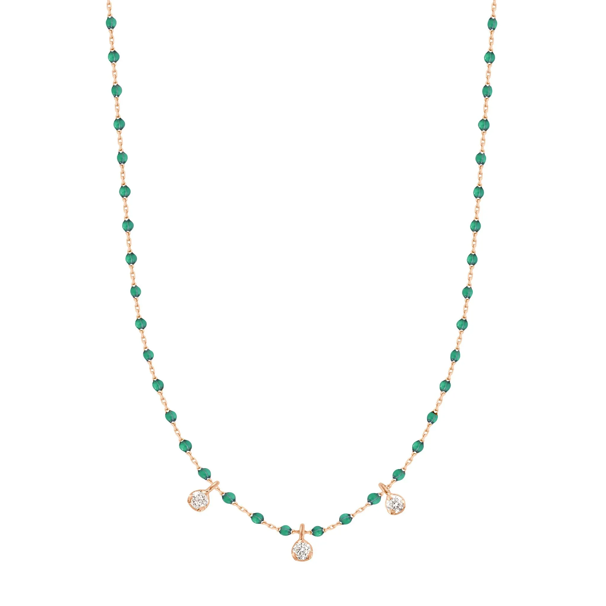 Mini Gigi Emerald necklace, Rose Gold 3 diamond, 16.5"